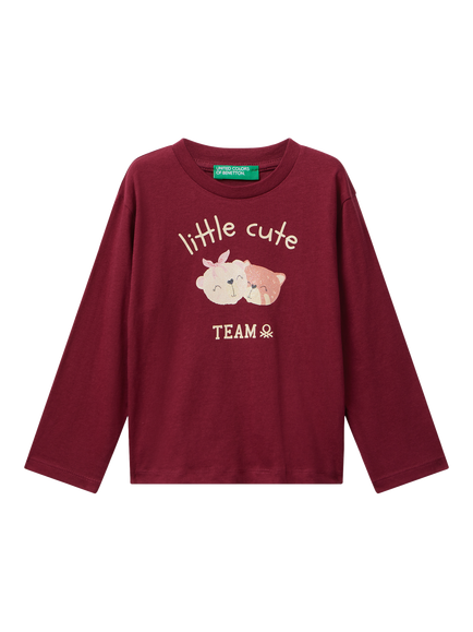 Benetton Kids' Cotton Long Sleeved Graphic Print T-Shirt, Red, Red
