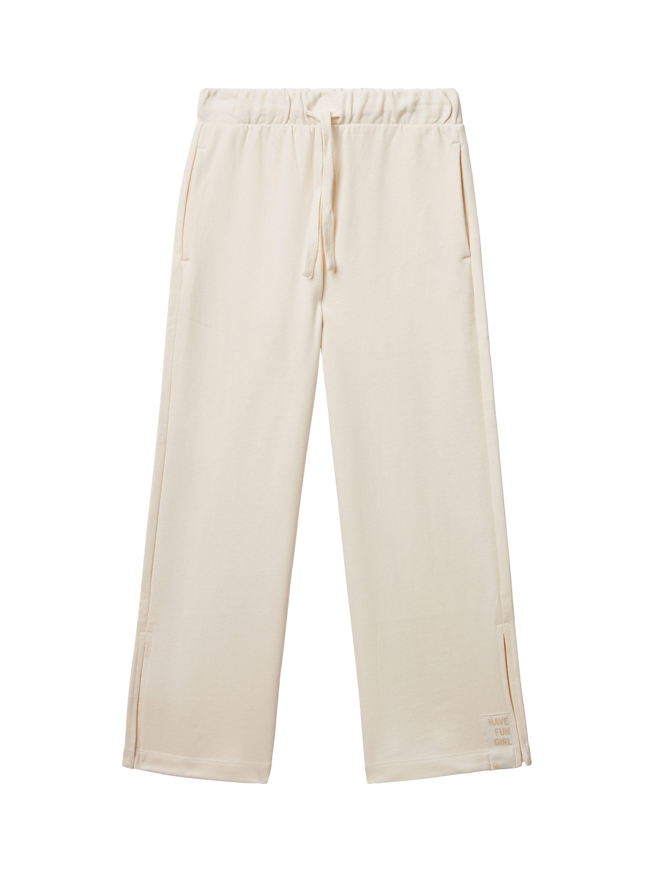 Product image 1 of 3, which shows Benetton Kids' Cotton Drawstring Ankle Slit Trousers, White, 8-9 years