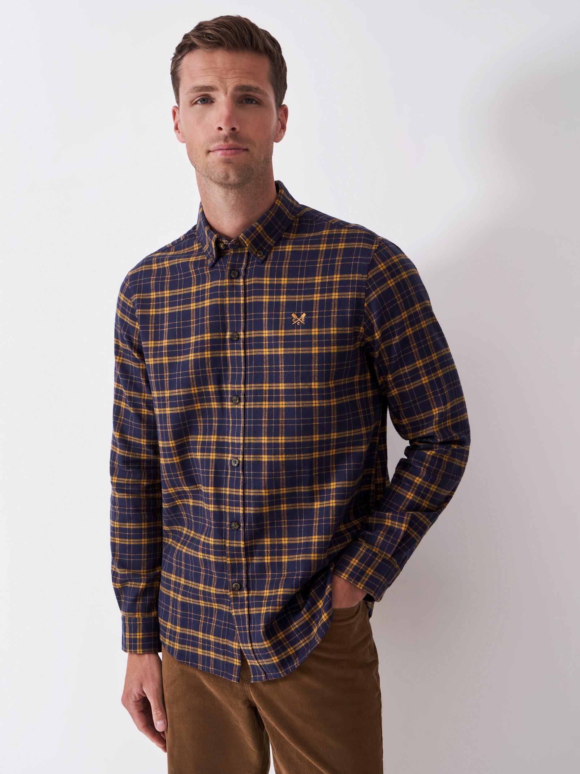 Product image 1 of 5, which shows Crew Clothing Cotton Regular Fit Check Flannel Shirt, Dark Blue, L
