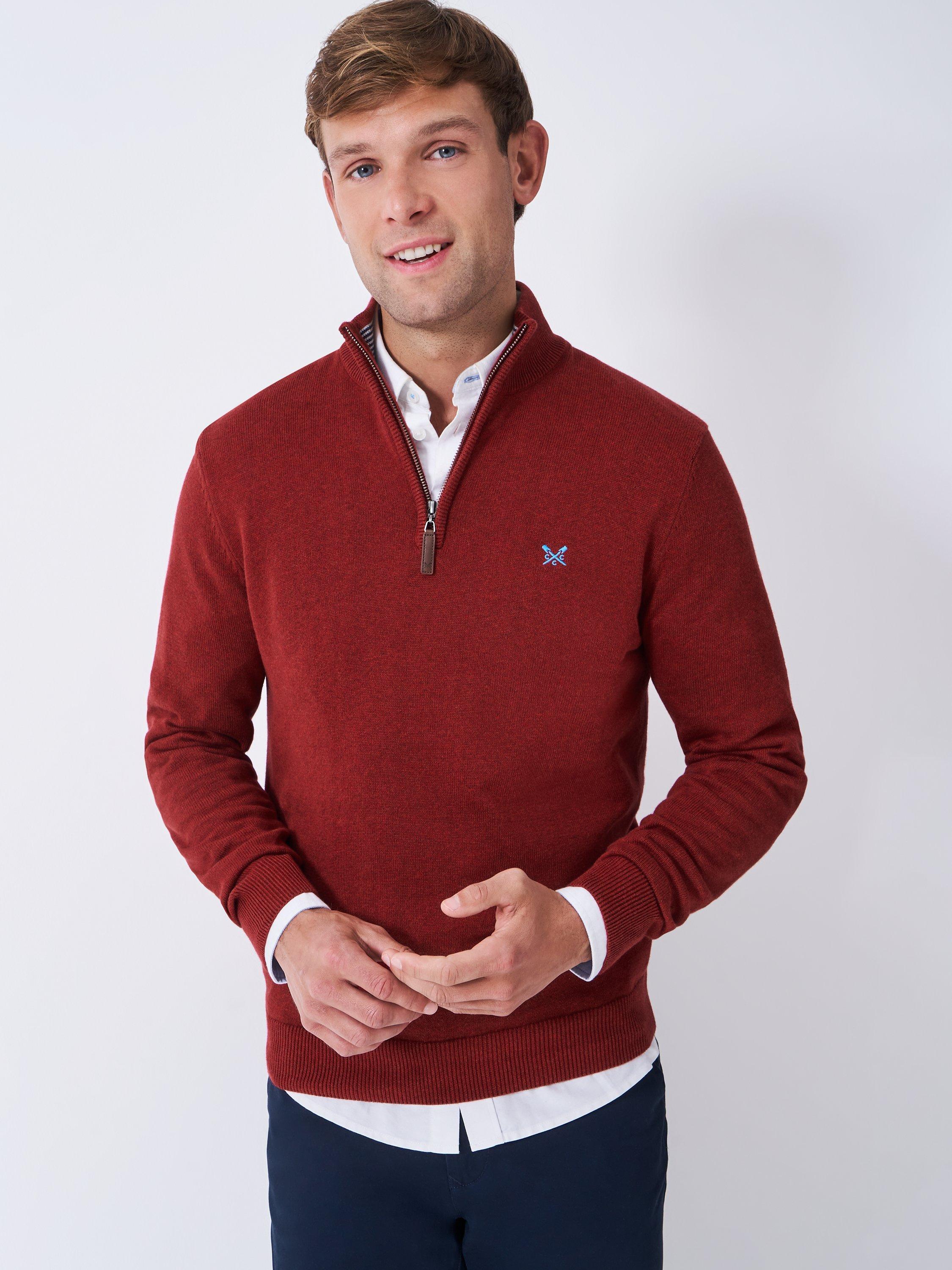 Product image 1 of 5, which shows Crew Clothing Cotton Half-Zip Jumper, Berry Red, XS