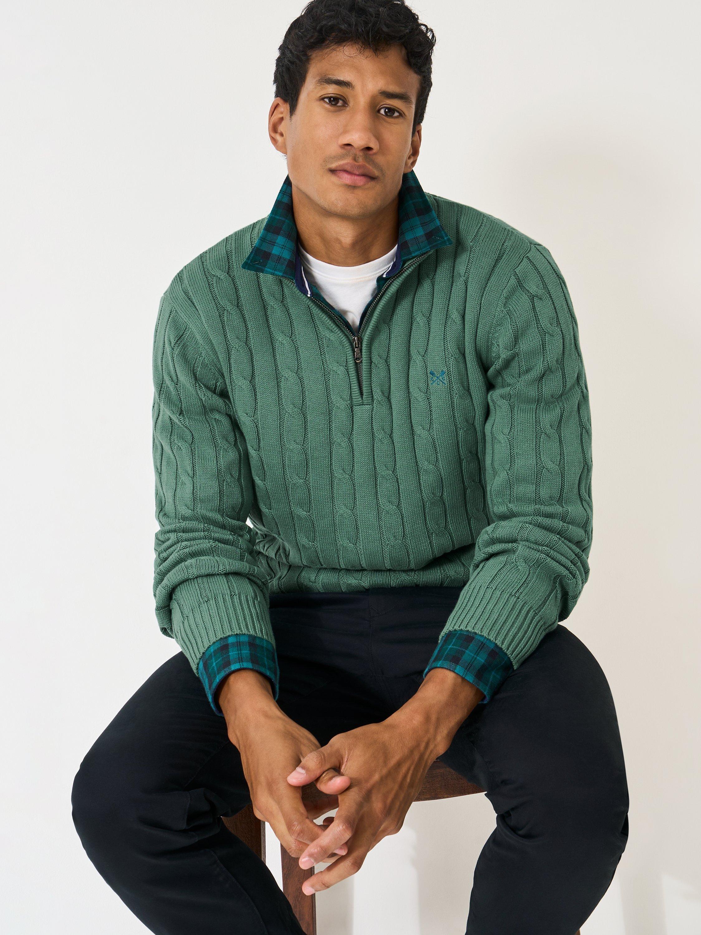Product image 1 of 5, which shows Crew Clothing Oarsman Cable Half Zip Jumper, Jade Green, XS