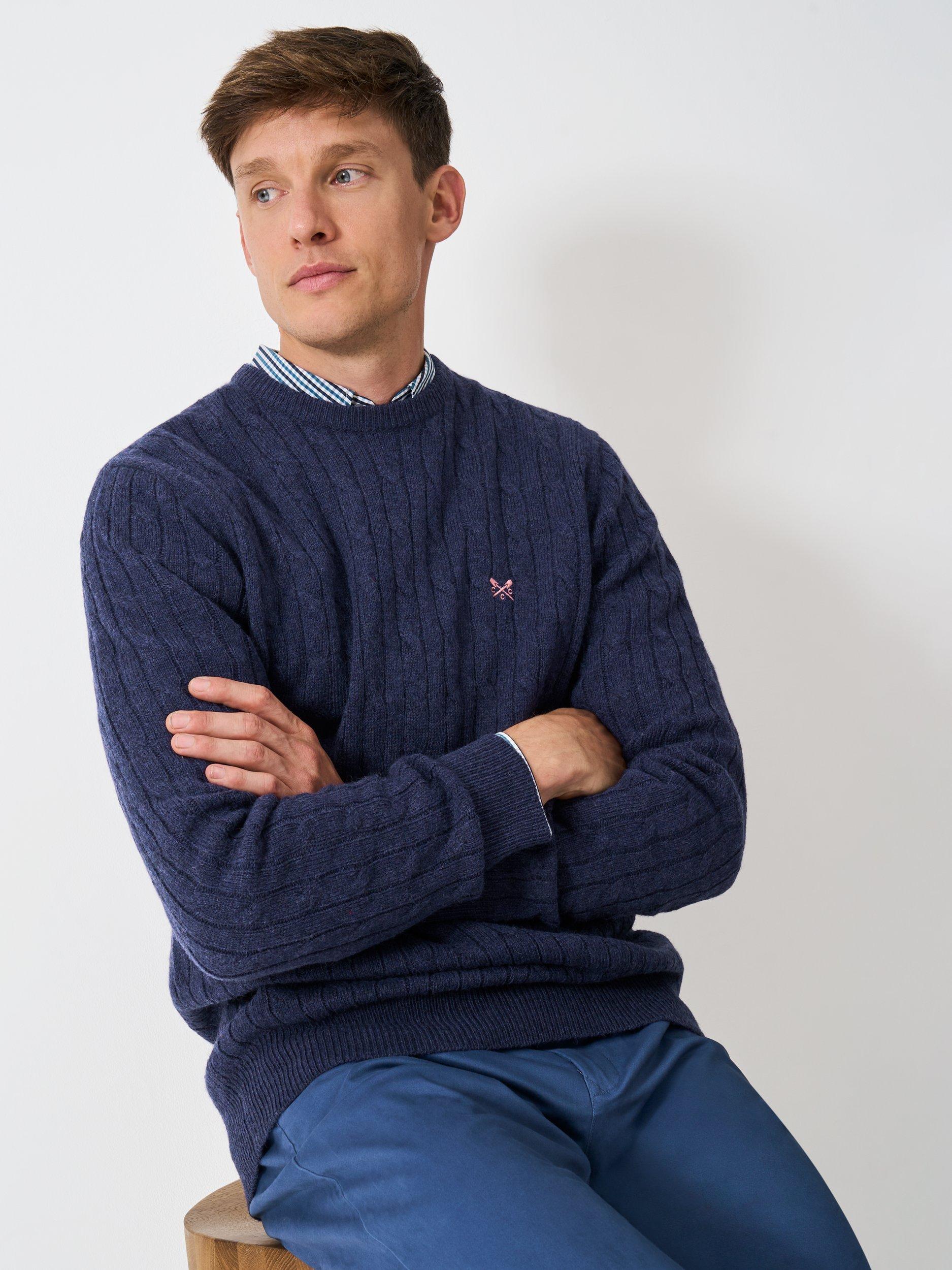 Product image 1 of 5, which shows Crew Clothing Cotton Blend Cable Knit Jumper, Aqua Blue, L