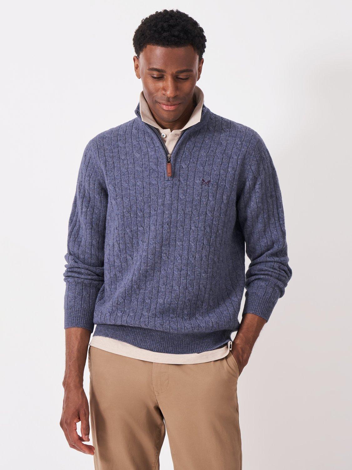 Product image 1 of 5, which shows Crew Clothing Half Zip Cable Knit Wool Blend Jumper, Denim Blue, L