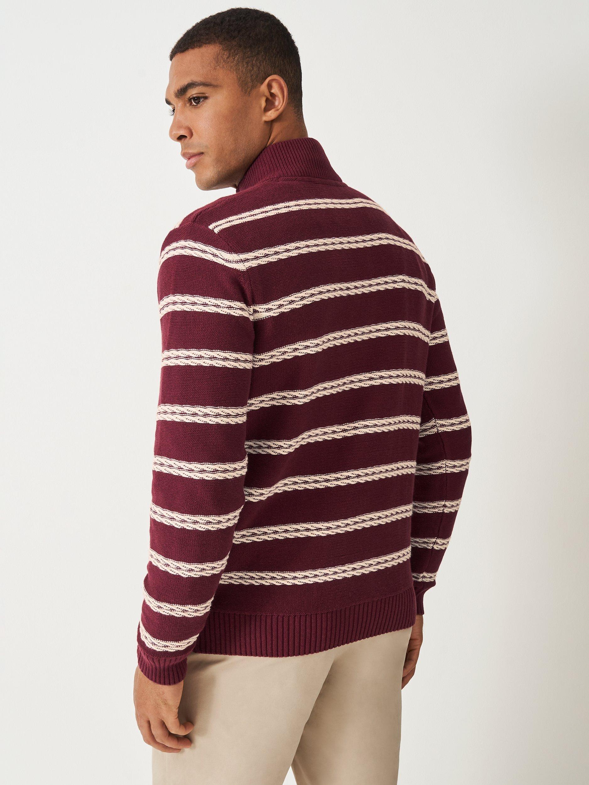Product image 2 of 5, which shows Crew Clothing Striped Half-Zip Jumper, Red Wine, L