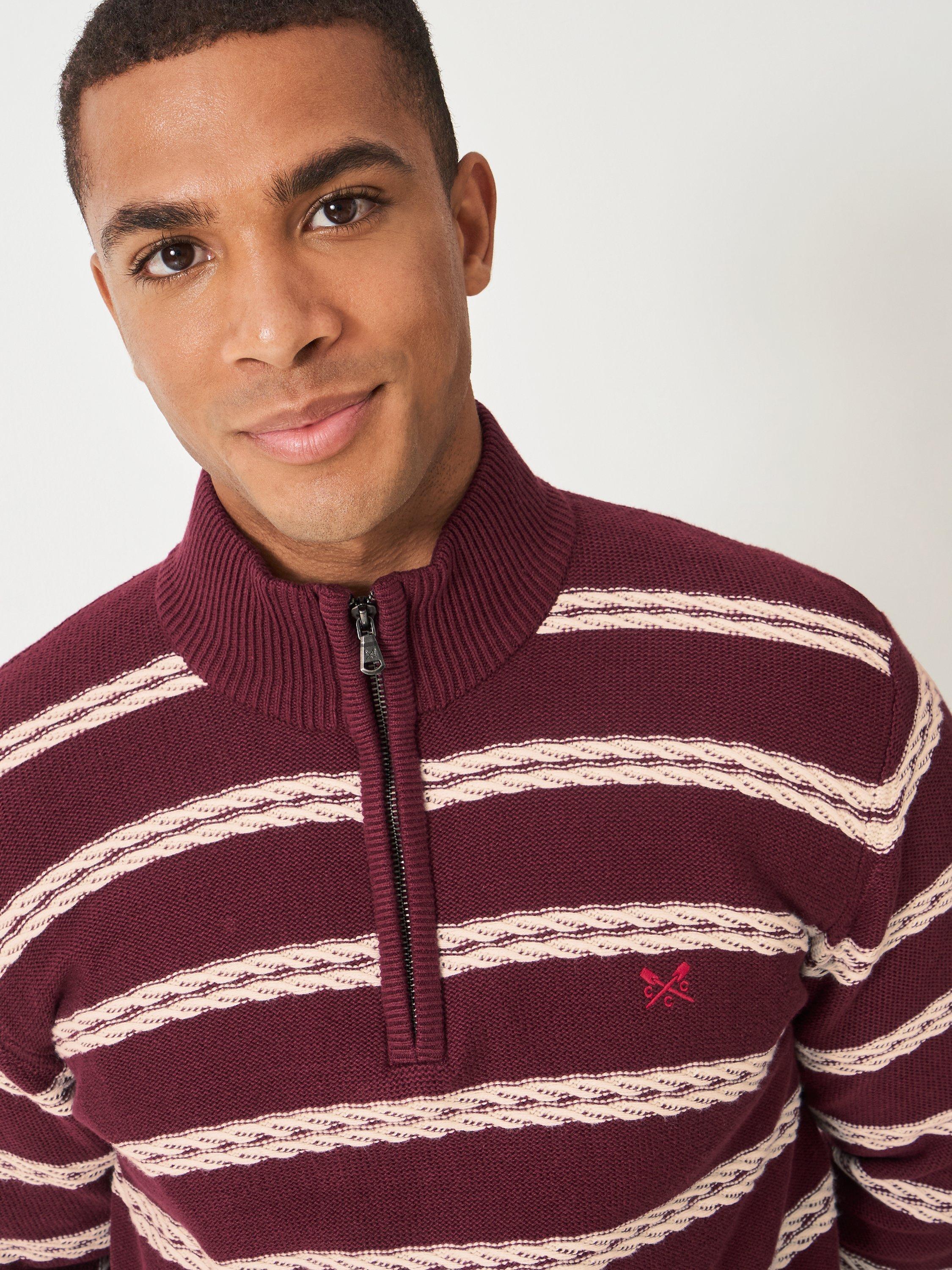 Product image 4 of 5, which shows Crew Clothing Striped Half-Zip Jumper, Red Wine, L