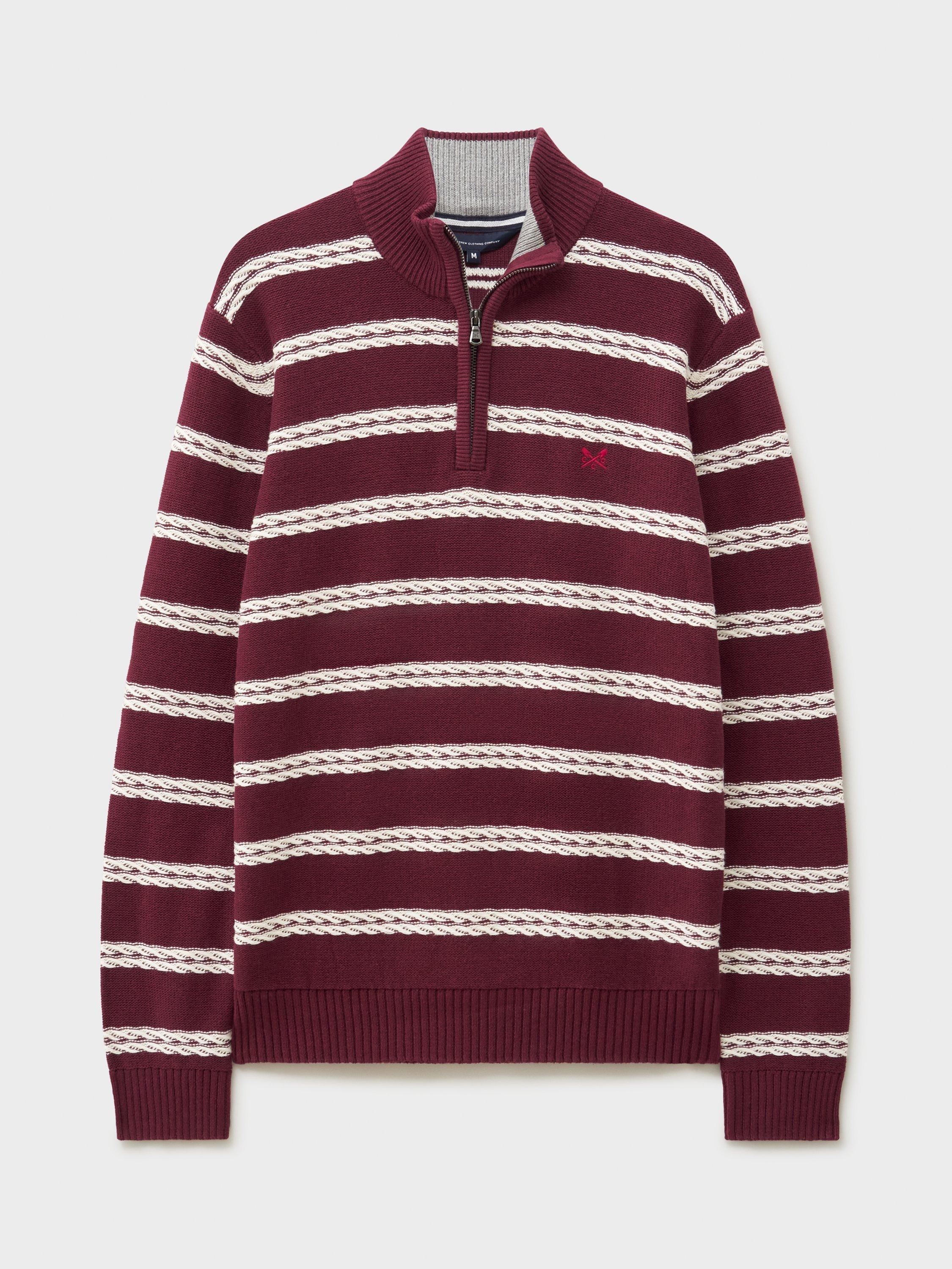Product image 5 of 5, which shows Crew Clothing Striped Half-Zip Jumper, Red Wine, L