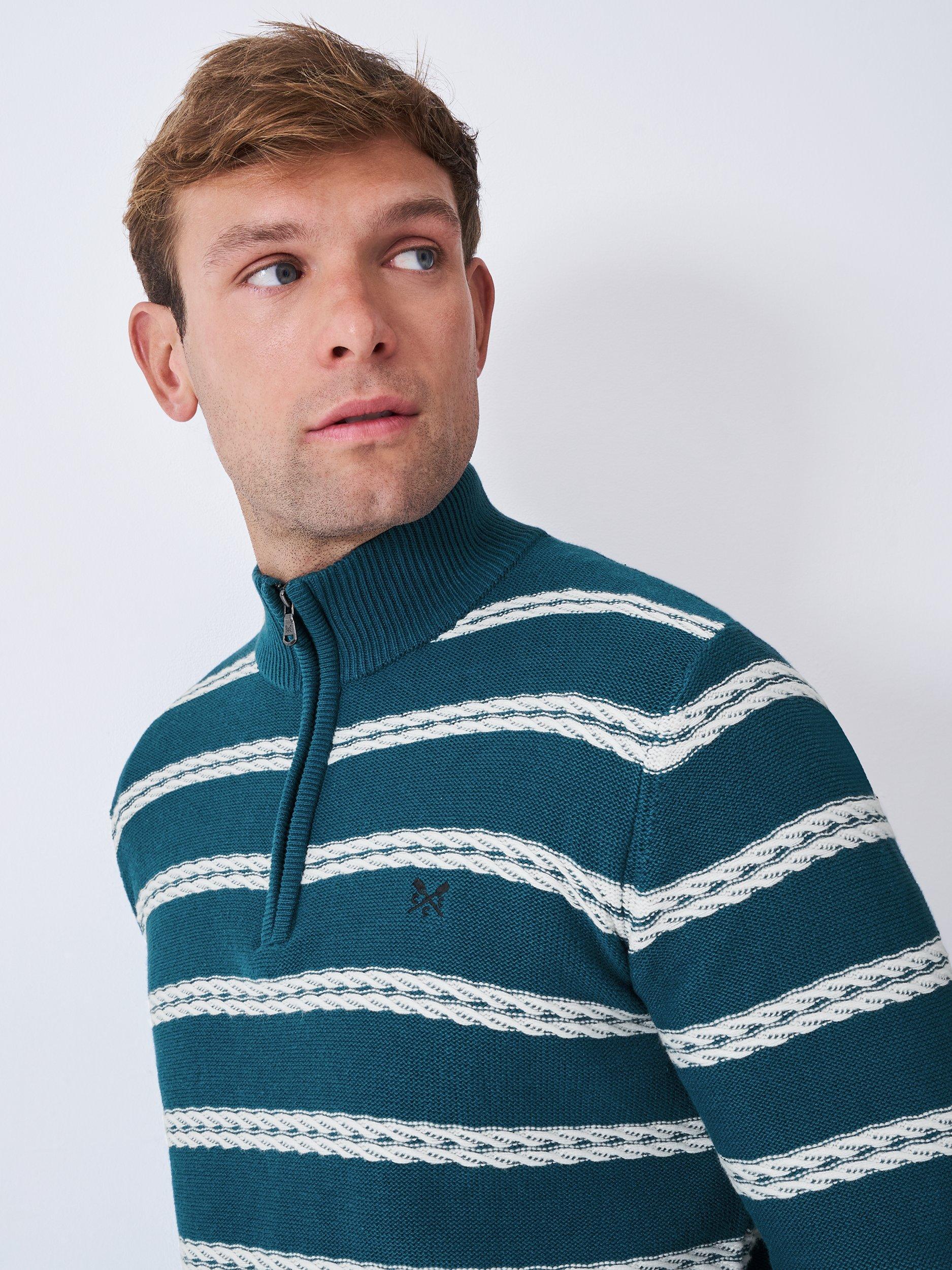Product image 4 of 5, which shows Crew Clothing Striped Half-Zip Jumper, Cobalt Blue, XS