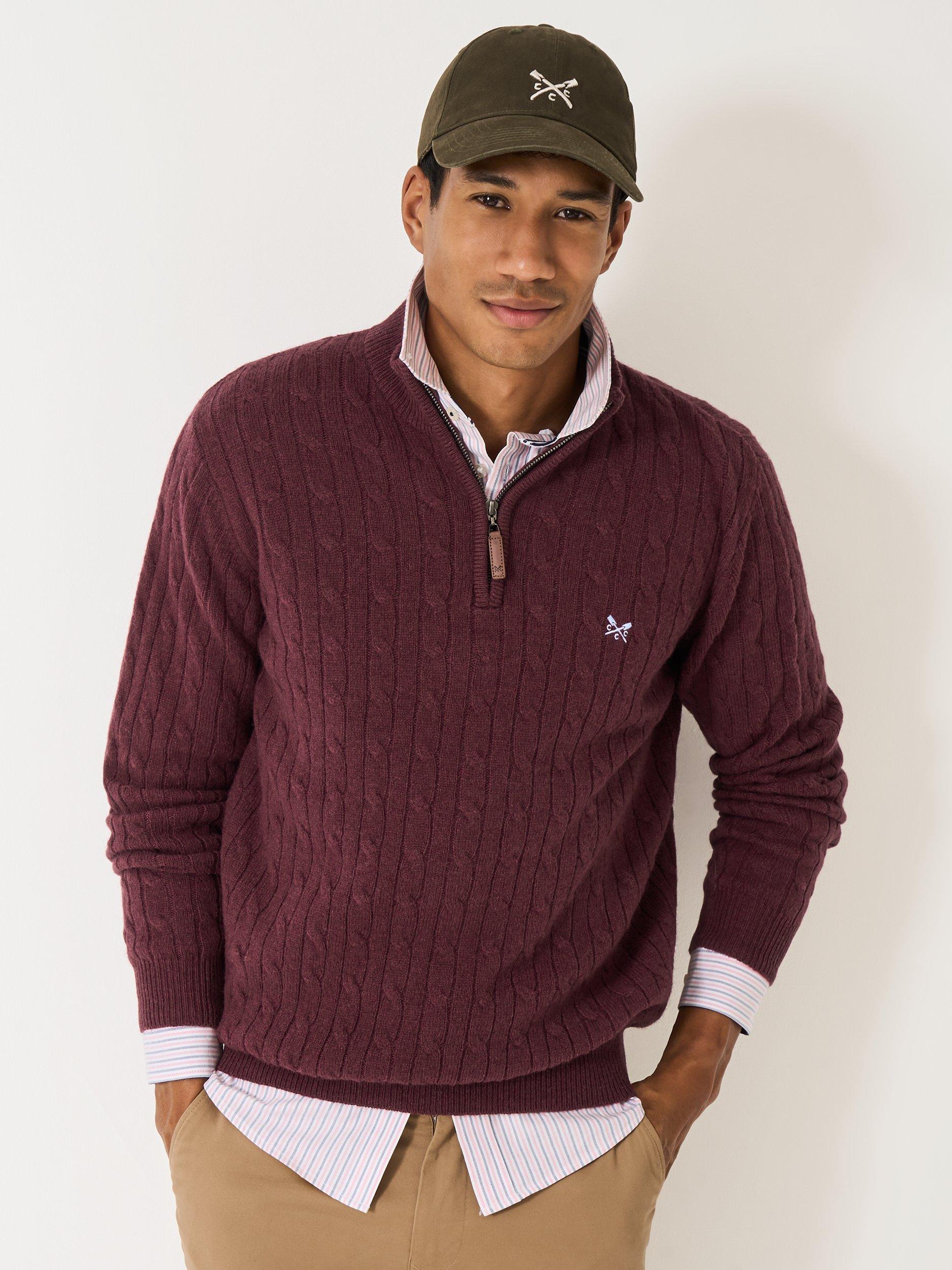 Product image 1 of 5, which shows Crew Clothing Half-Zip Lambswool Cable Knit Jumper, Burgundy Red, L