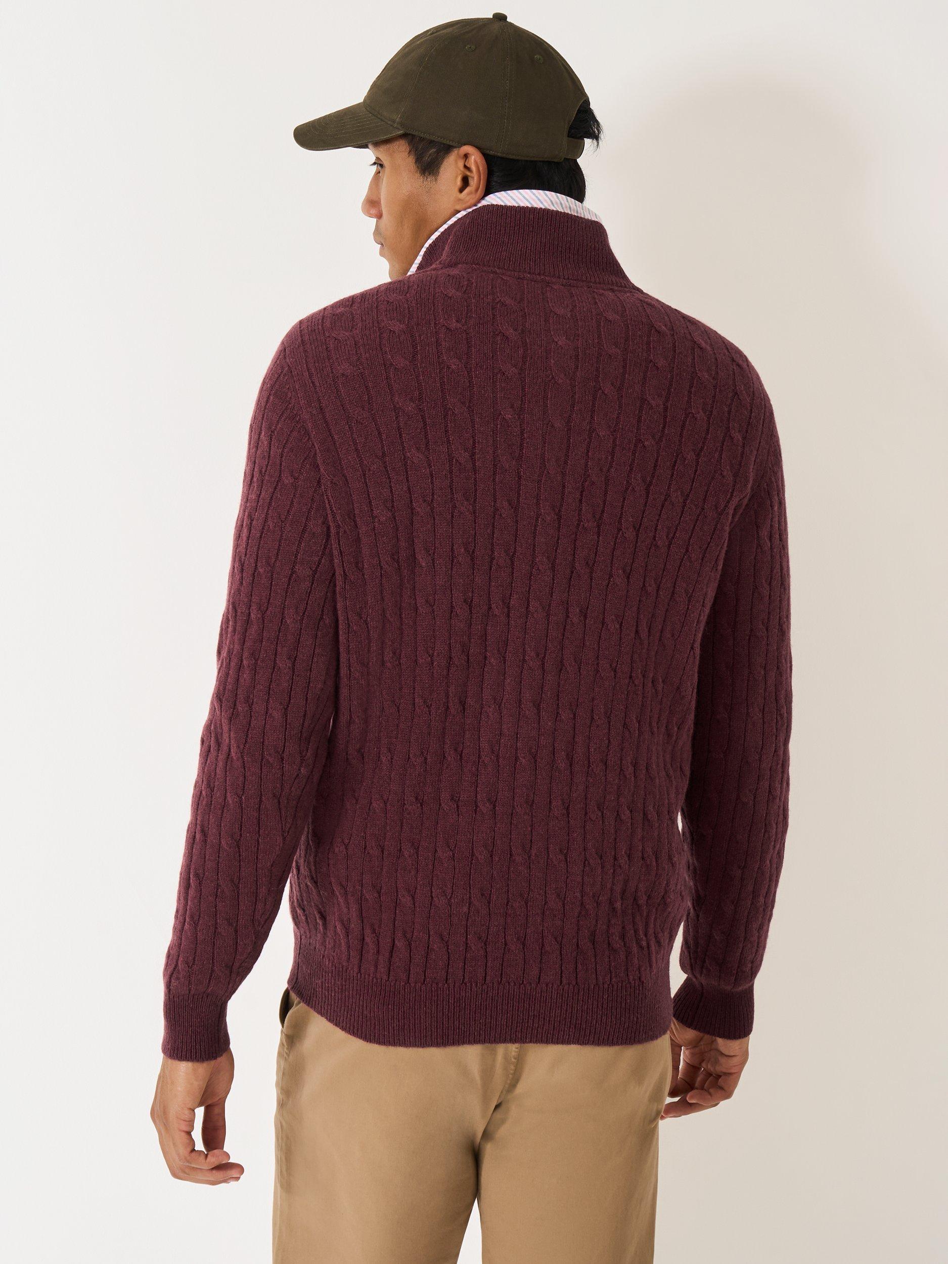 Product image 2 of 5, which shows Crew Clothing Half-Zip Lambswool Cable Knit Jumper, Burgundy Red, L