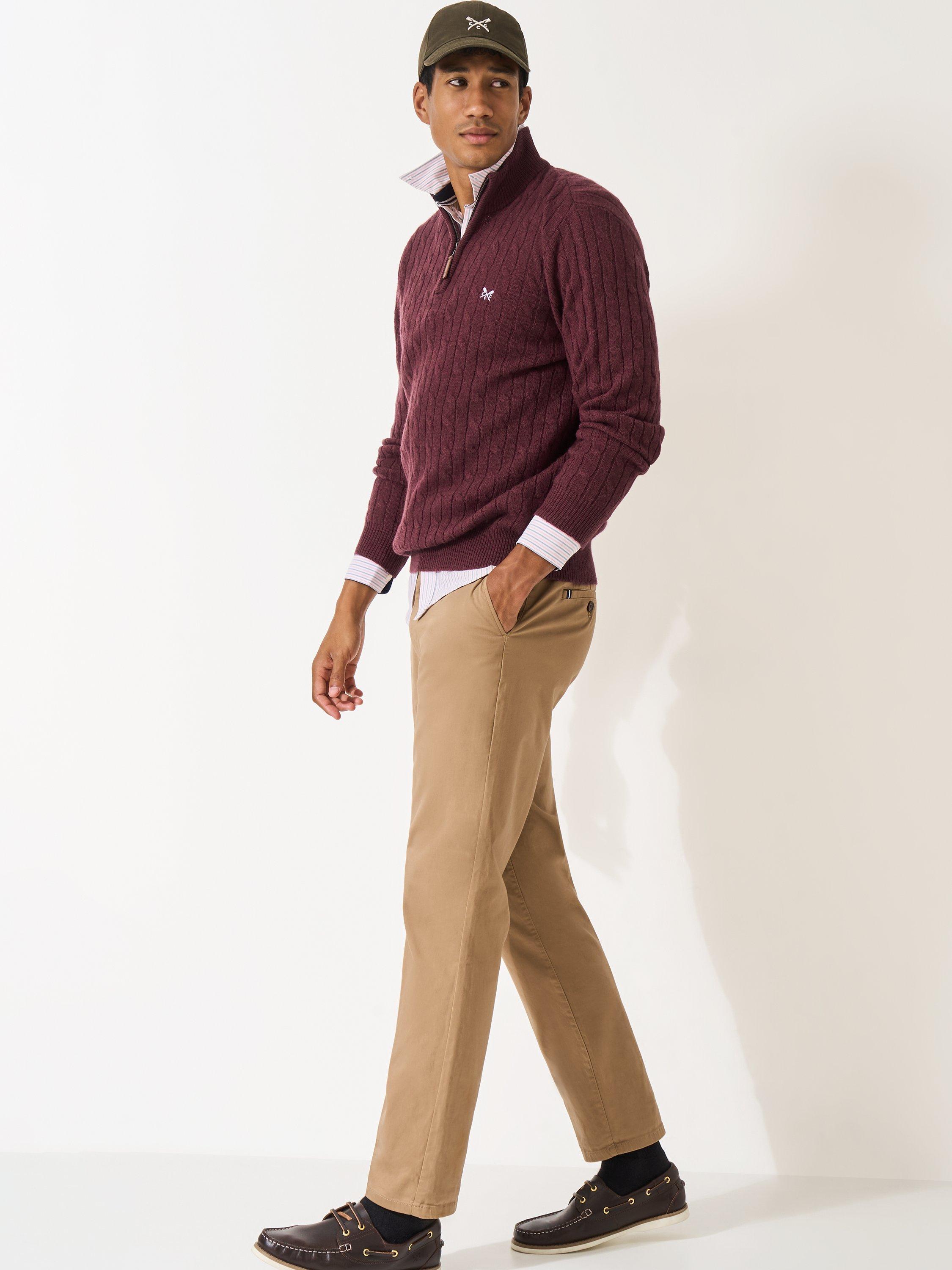 Product image 3 of 5, which shows Crew Clothing Half-Zip Lambswool Cable Knit Jumper, Burgundy Red, L