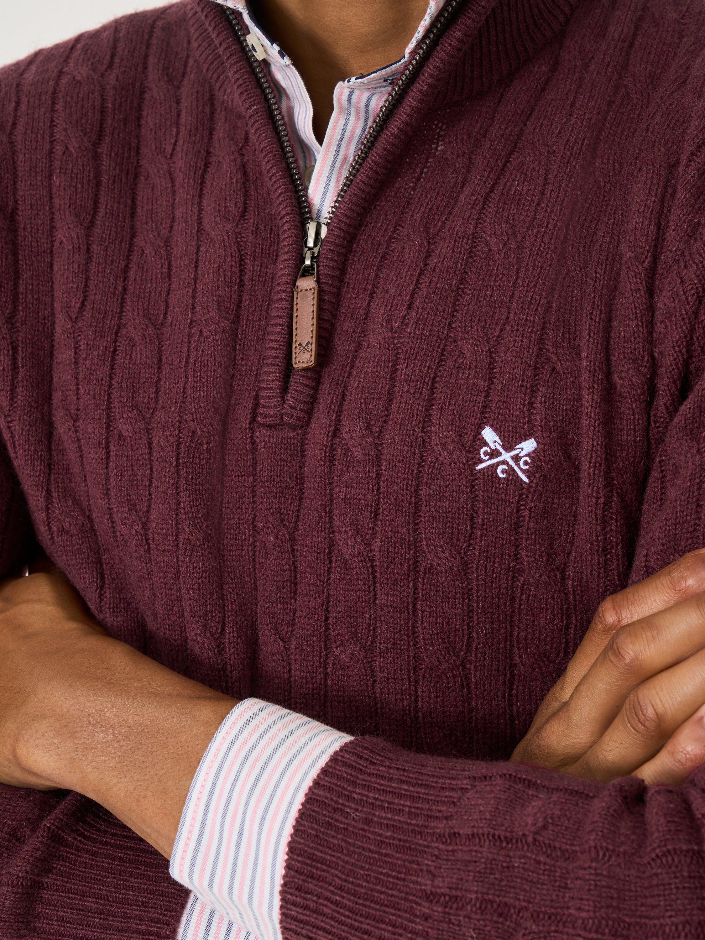 Product image 4 of 5, which shows Crew Clothing Half-Zip Lambswool Cable Knit Jumper, Burgundy Red, L