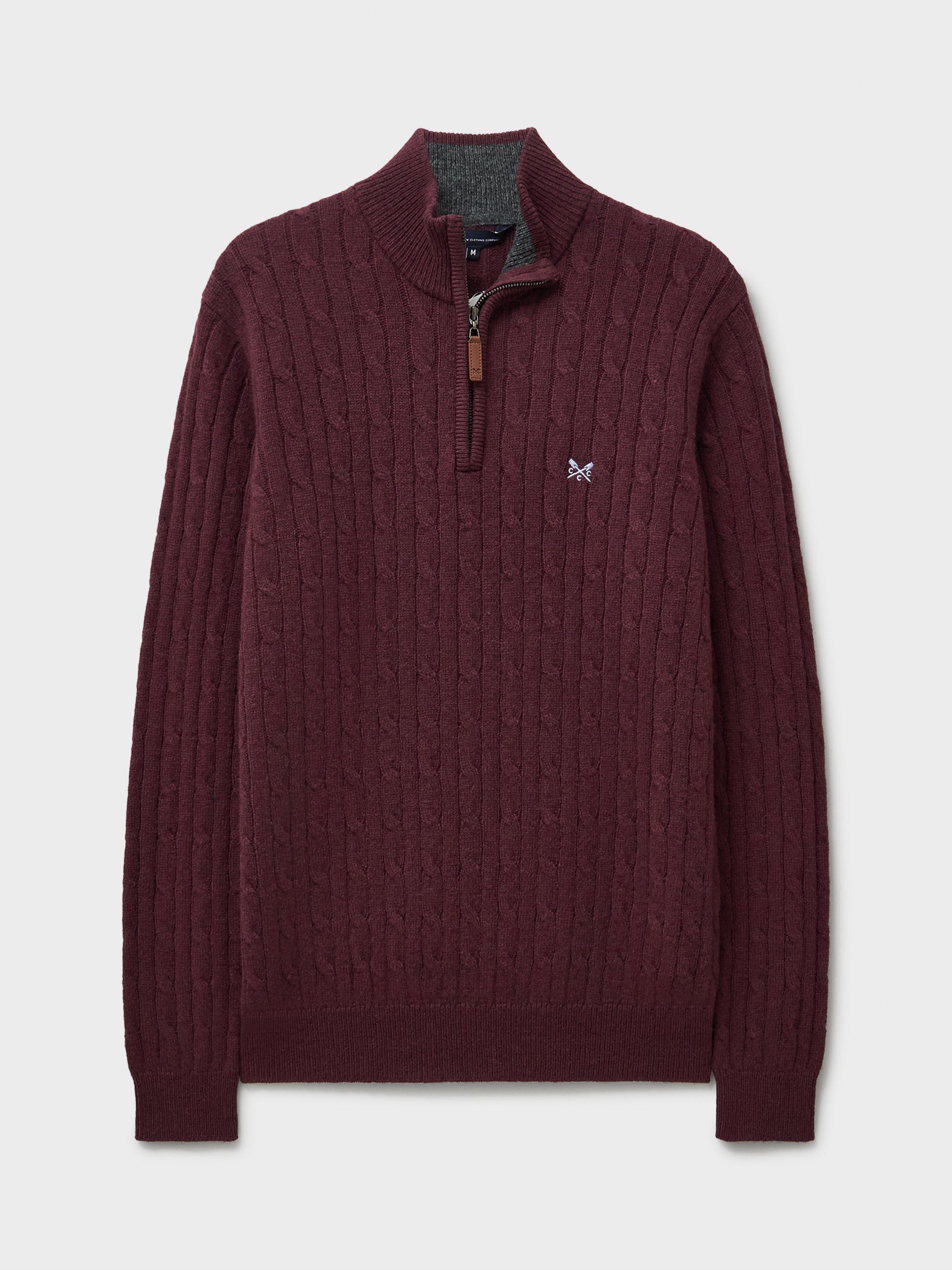 Product image 5 of 5, which shows Crew Clothing Half-Zip Lambswool Cable Knit Jumper, Burgundy Red, L