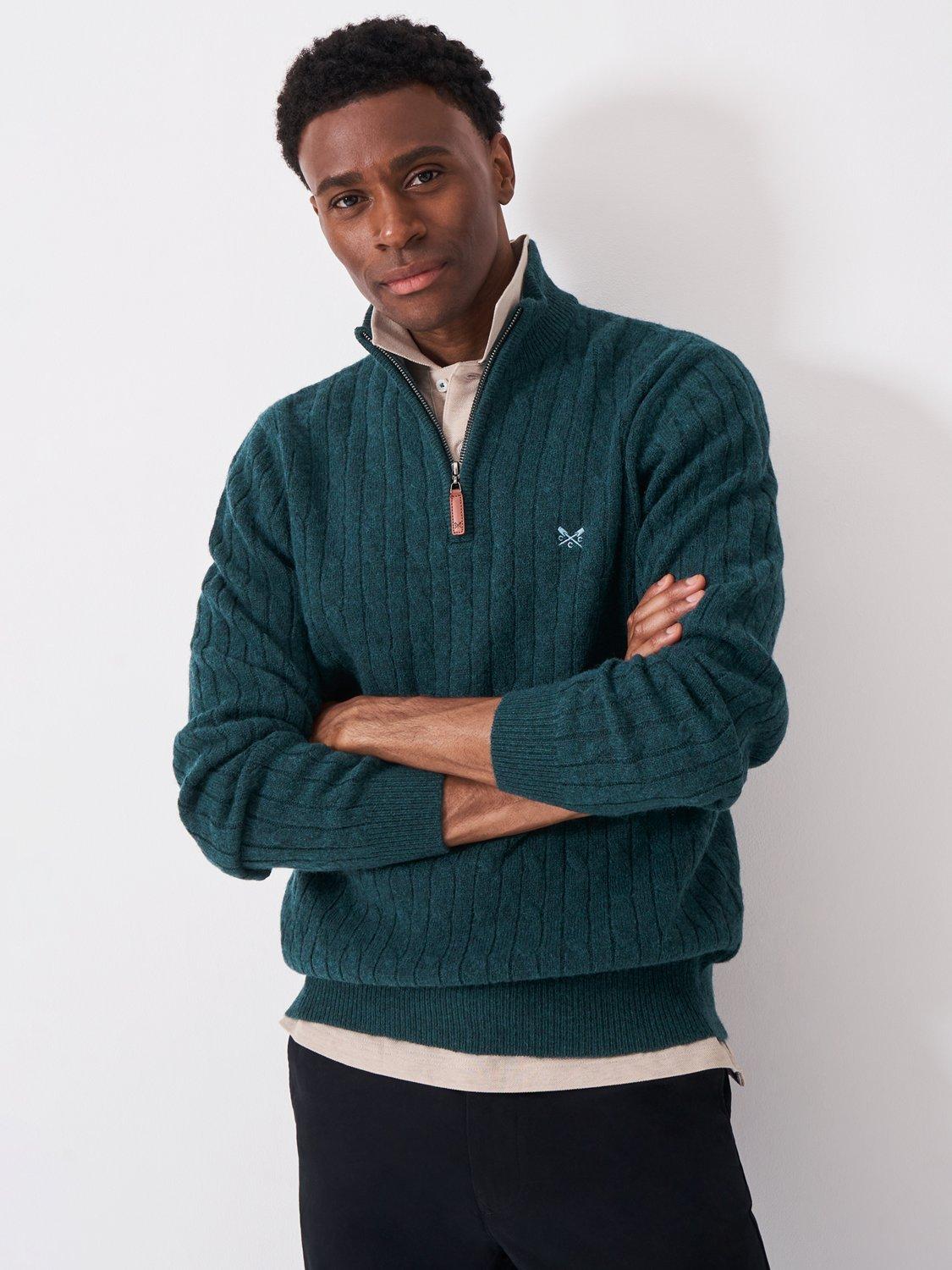 Product image 1 of 5, which shows Crew Clothing Half-Zip Lambswool Cable Knit Jumper, Teal, XS
