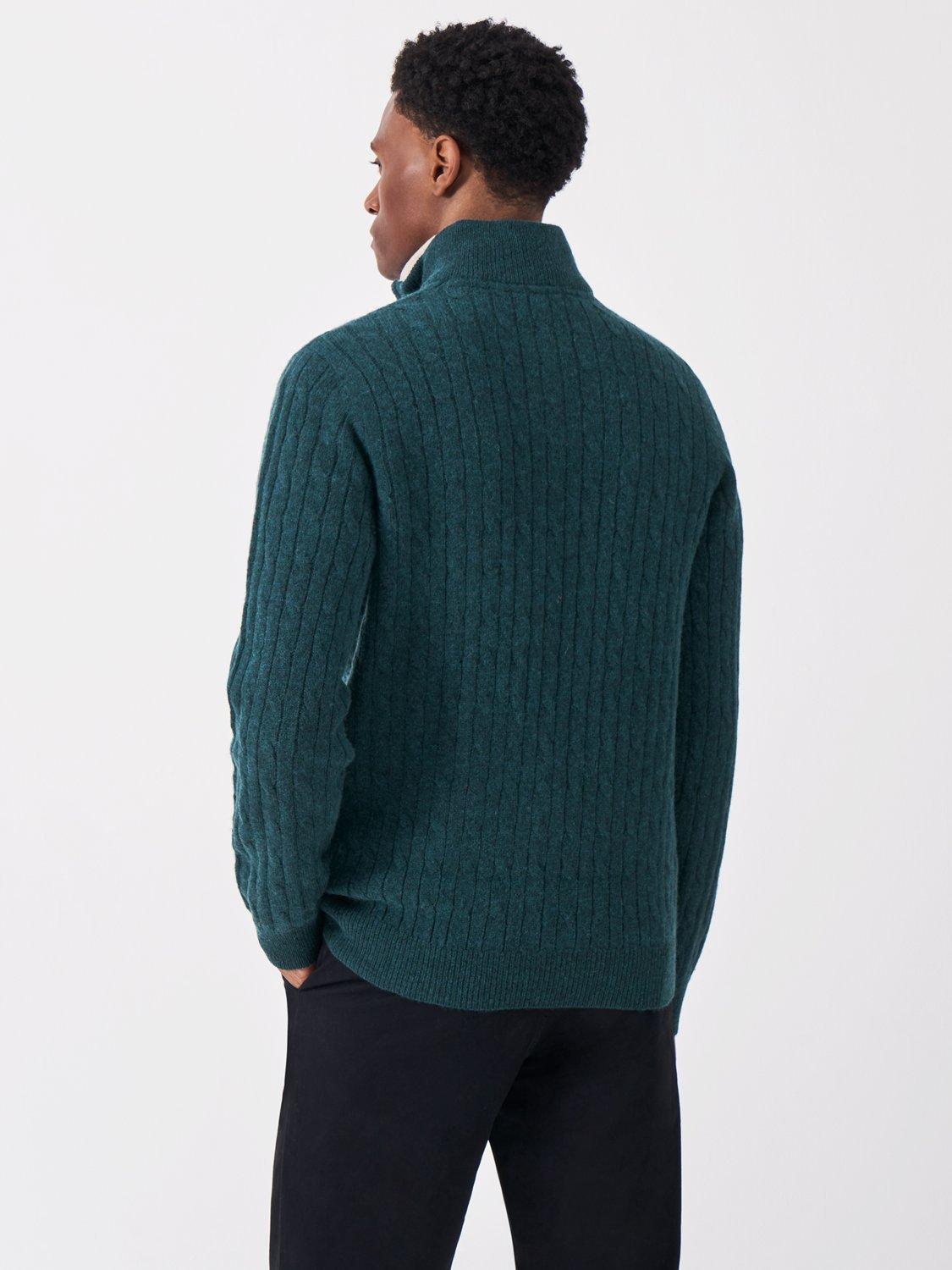 Product image 2 of 5, which shows Crew Clothing Half-Zip Lambswool Cable Knit Jumper, Teal, XS