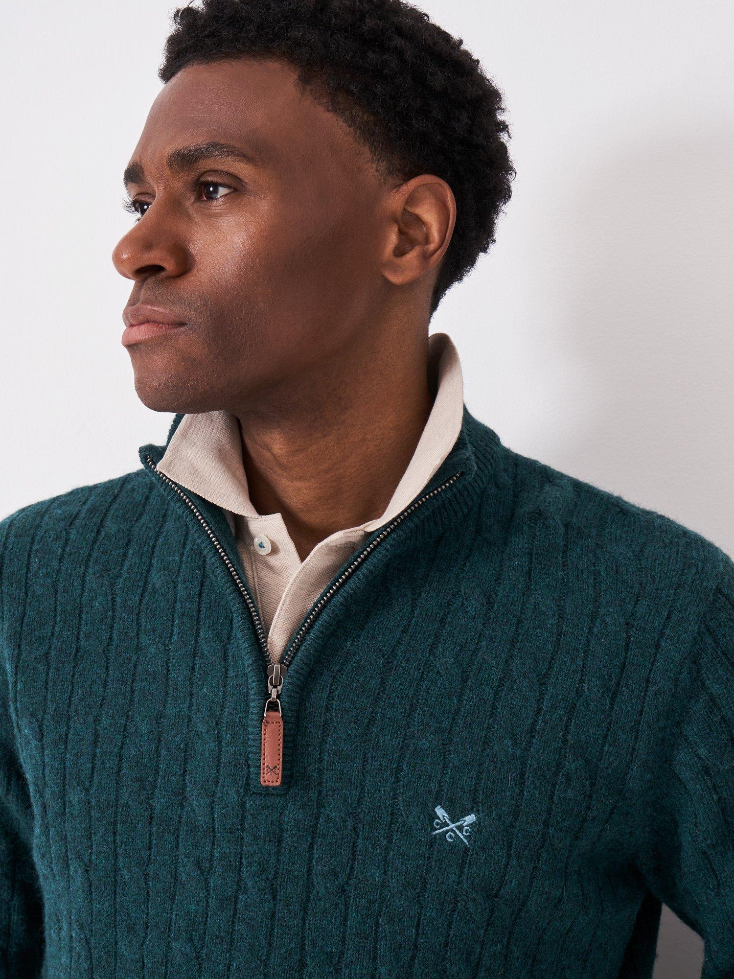 Product image 4 of 5, which shows Crew Clothing Half-Zip Lambswool Cable Knit Jumper, Teal, XS