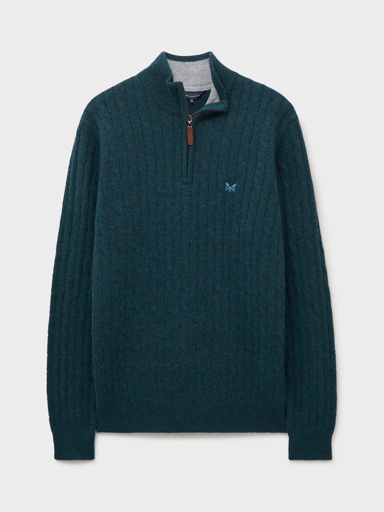 Product image 5 of 5, which shows Crew Clothing Half-Zip Lambswool Cable Knit Jumper, Teal, XS