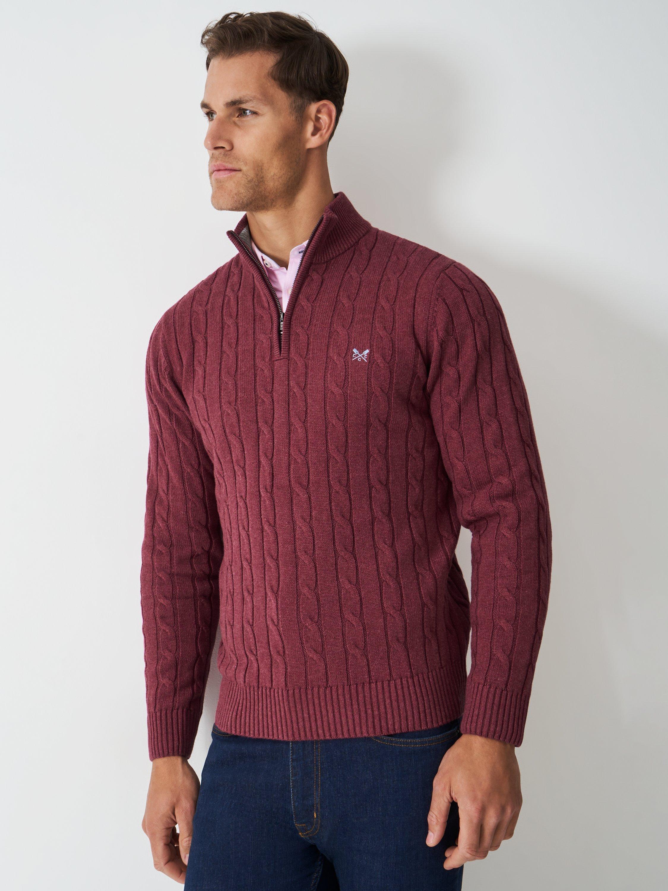 Product image 1 of 5, which shows Crew Clothing Oarsman Cable Half Zip Jumper, Red Wine, XS