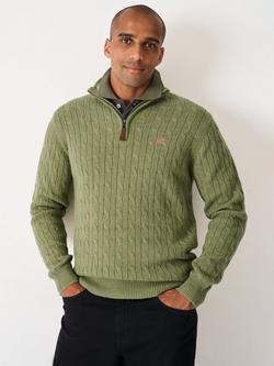 Crew Clothing Lambswool Blend Cable Knit Half Zip Jumper, Jade Green, Jade Green