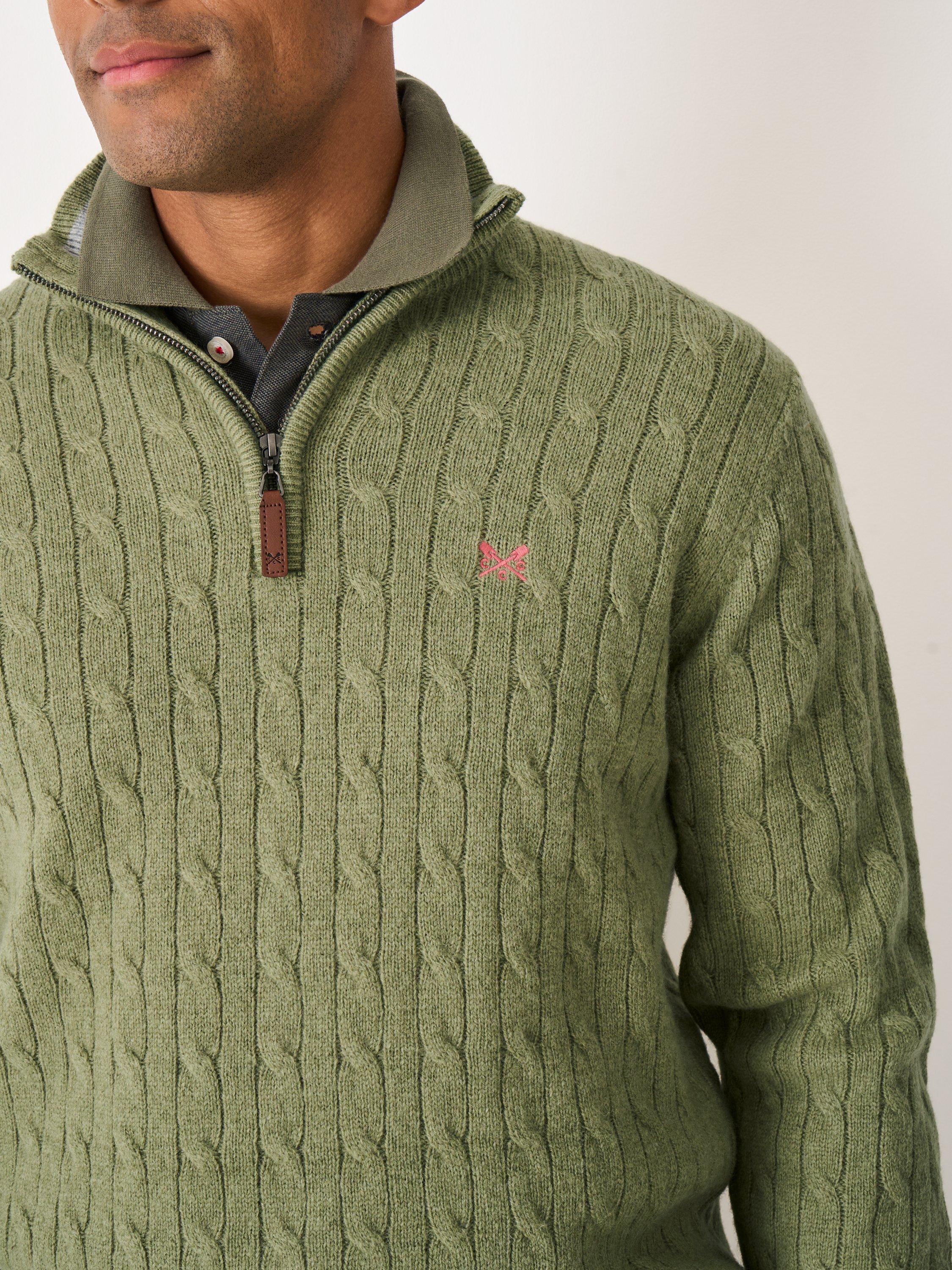 Product image 4 of 5, which shows Crew Clothing Lambswool Blend Cable Knit Half Zip Jumper, Jade Green, L