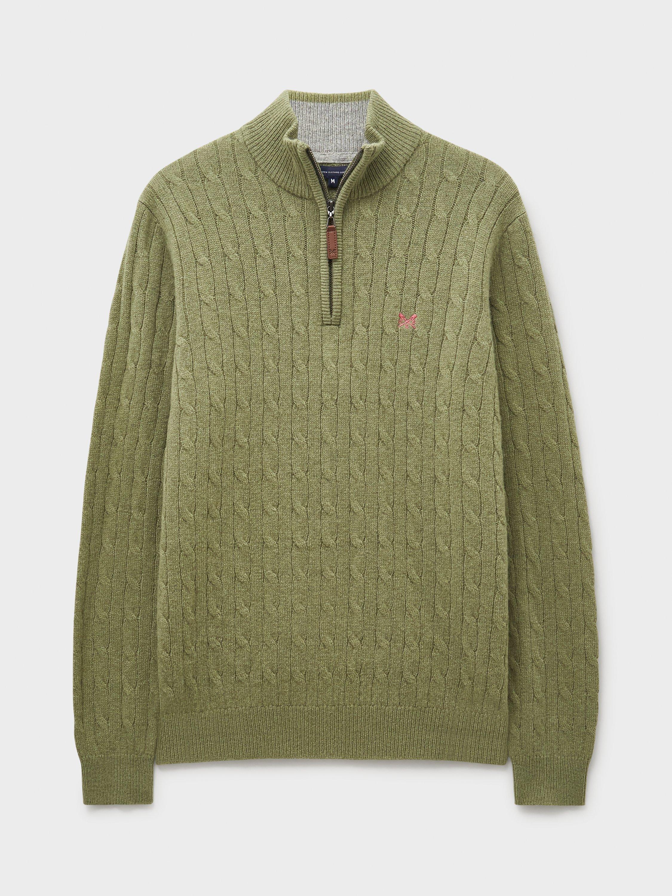 Product image 5 of 5, which shows Crew Clothing Lambswool Blend Cable Knit Half Zip Jumper, Jade Green, L