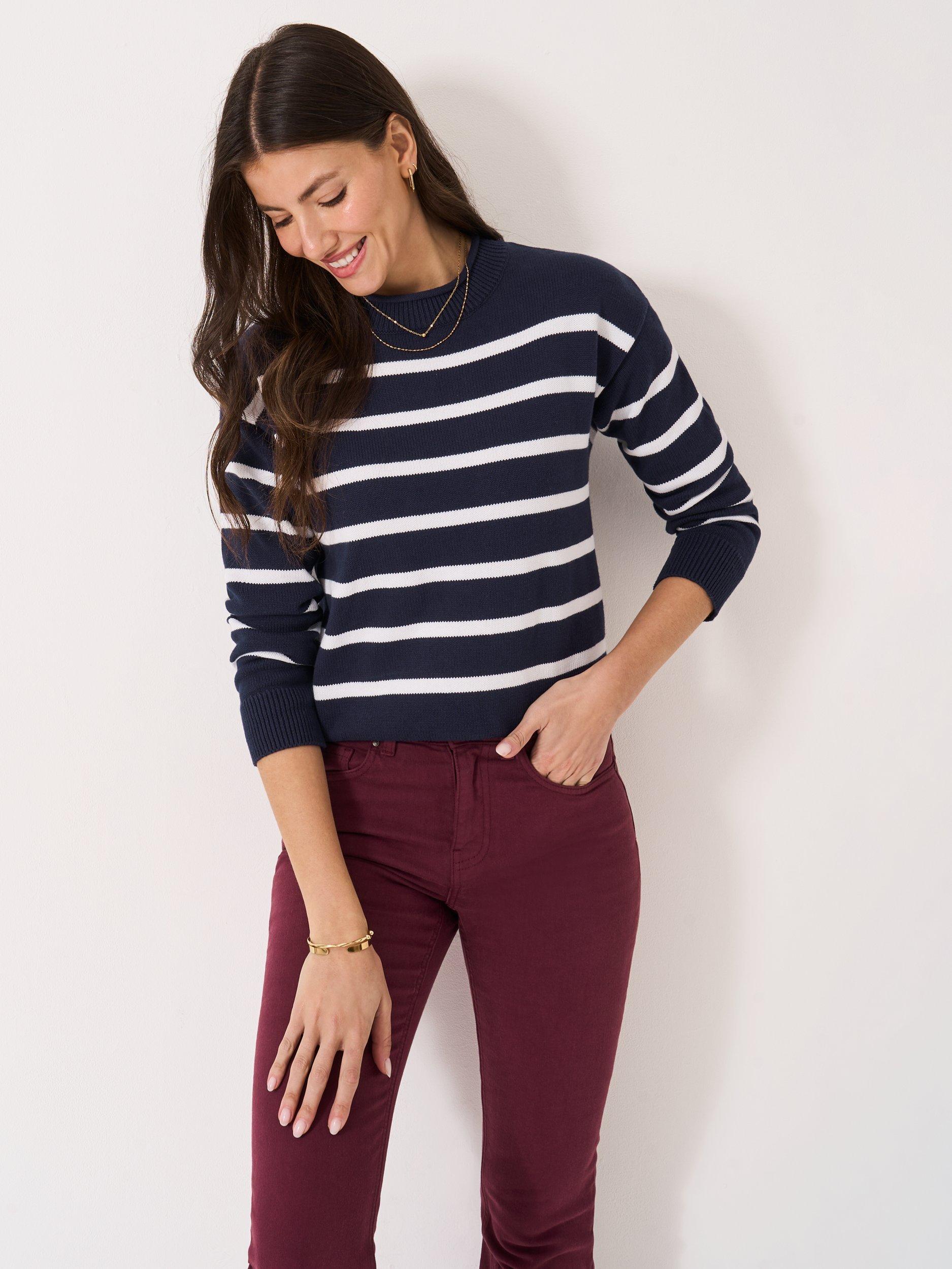 Product image 1 of 5, which shows Crew Clothing Contrast Trim Roll Neck Jumper, Multi Blue, 10