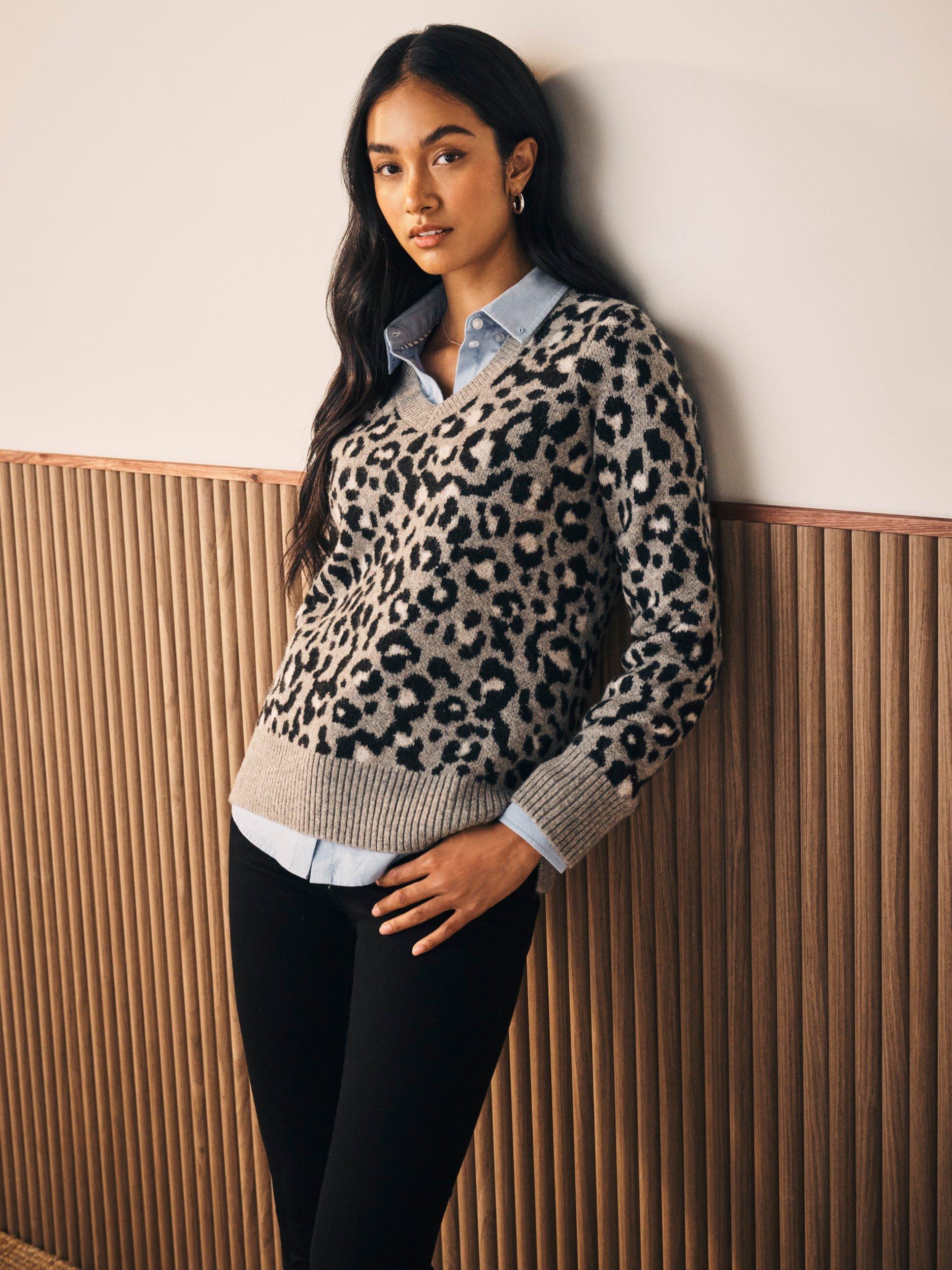 Product image 1 of 5, which shows Crew Clothing Leopard Print V-Neck Jumper, Multi, 10