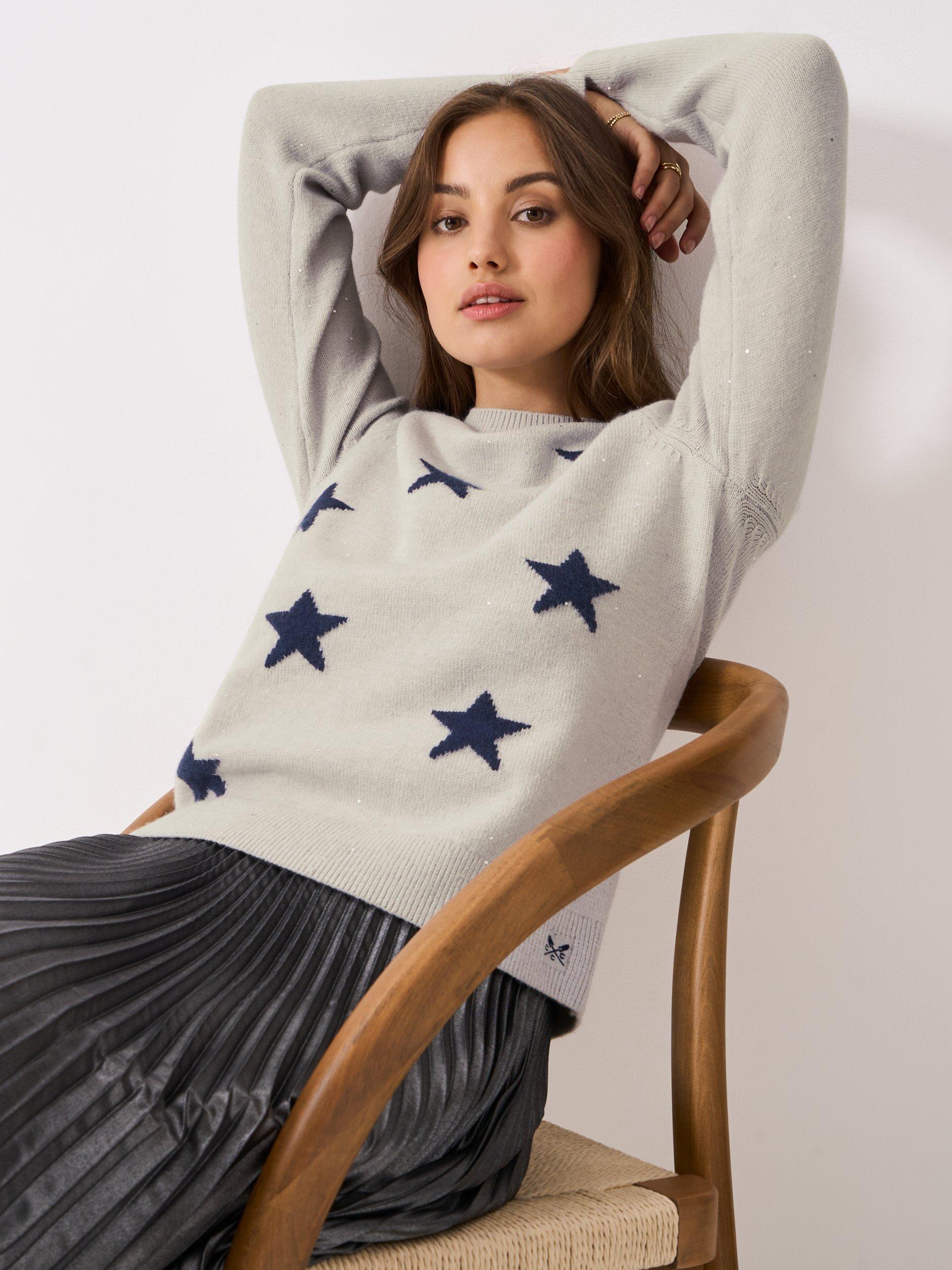 Product image 1 of 5, which shows Crew Clothing Glitterball Stars Jumper, Grey, 10