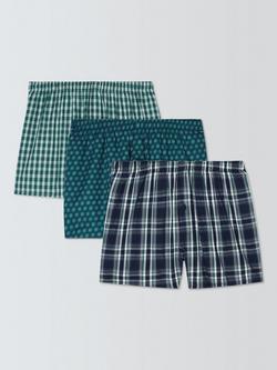 John Lewis Organic Cotton Check Selection Boxer Shorts, Pack of 3, Green, Green Mid