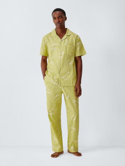 John Lewis Organic Cotton Palm Stripe Short Sleeve Pyjama Set, Green Mid, Green Mid