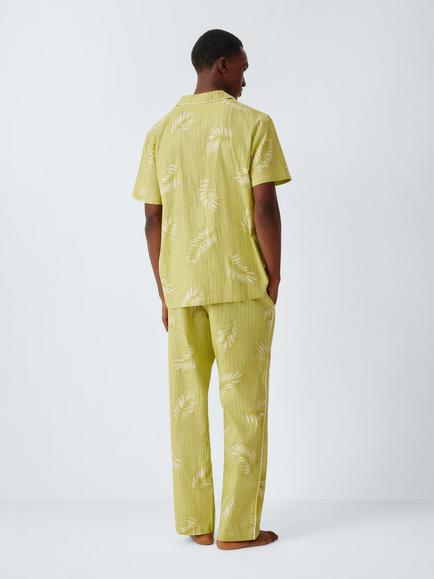 John Lewis Organic Cotton Palm Stripe Short Sleeve Pyjama Set, Green Mid - view 2, Green Mid