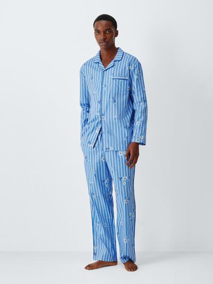 John Lewis Organic Cotton Floral Stripe Pyjama Set, Blue Mid, Blue Mid