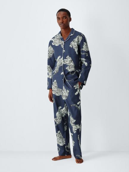 John Lewis Organic Cotton Tiger Print Pyjama Set, Blue Navy, Blue Navy