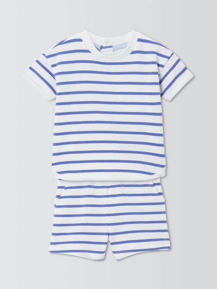 John Lewis Baby Stripe Loopback Cotton T-Shirt & Shorts Set, Blue, Blue