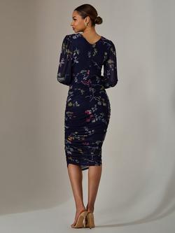 Jolie Moi Floral Mesh Bodycon Midi Dress, Navy Red Floral - view 2, Navy Red Floral