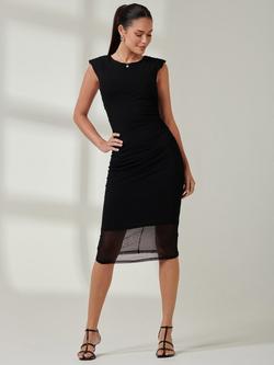Jolie Moi Mesh Shoulder Pad Midi Dress, Black, Black