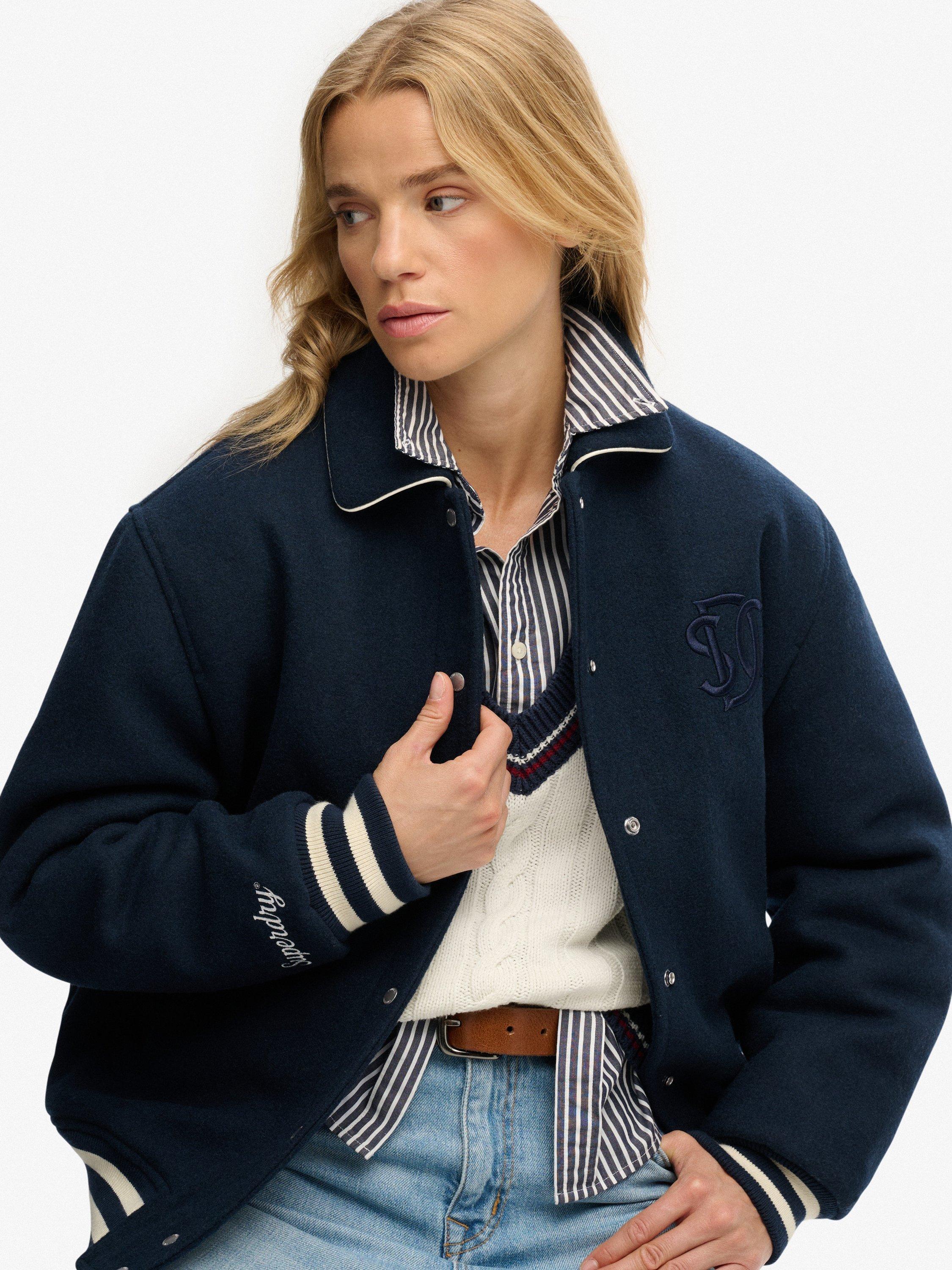 Product image 6 of 7, which shows Superdry Country Club Wool Blend Bomber Jacket, Blueberry Navy, 8