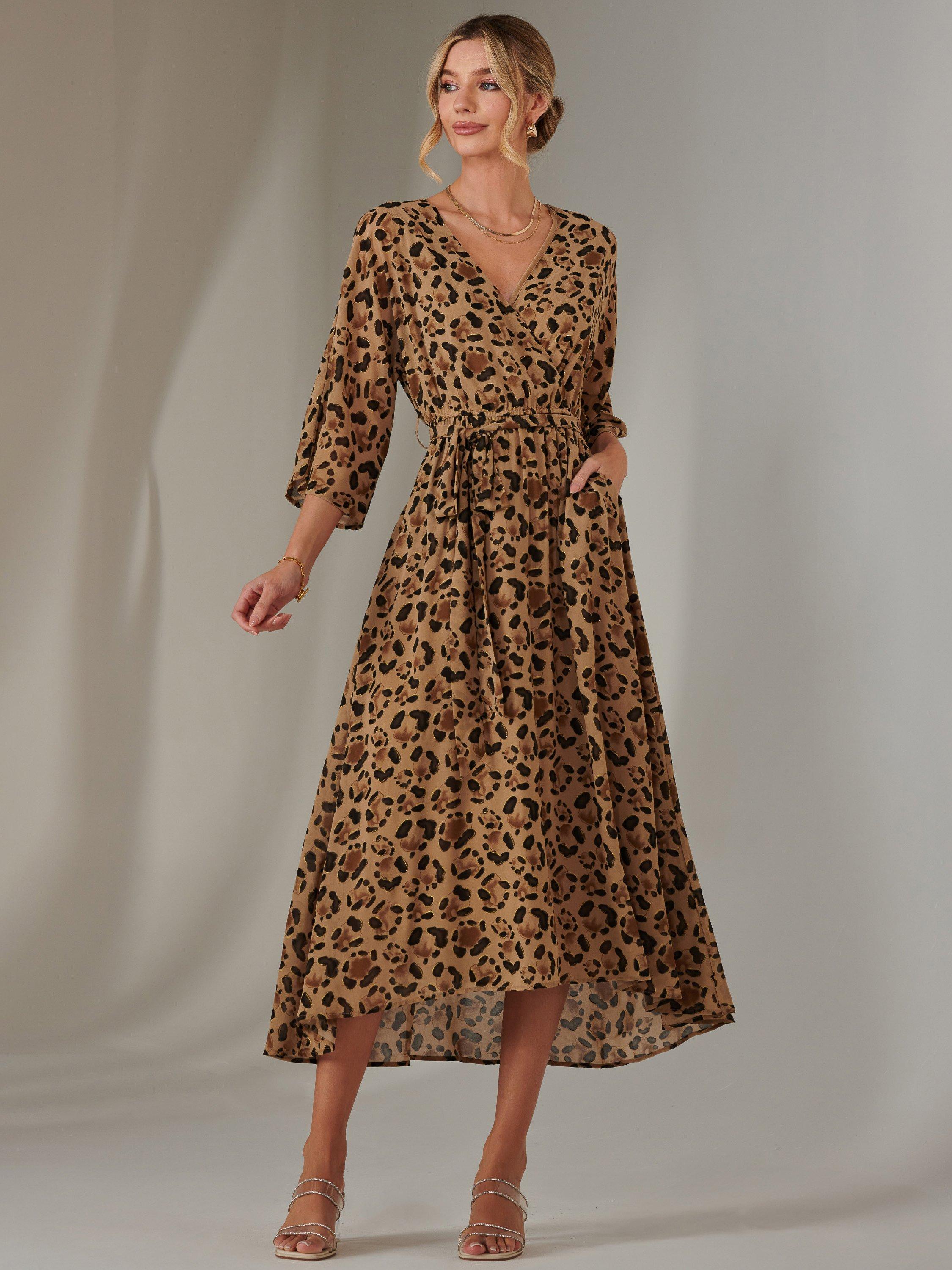 Jolie Moi Leopard Print Flare Midaxi Dress, Brown Leopard