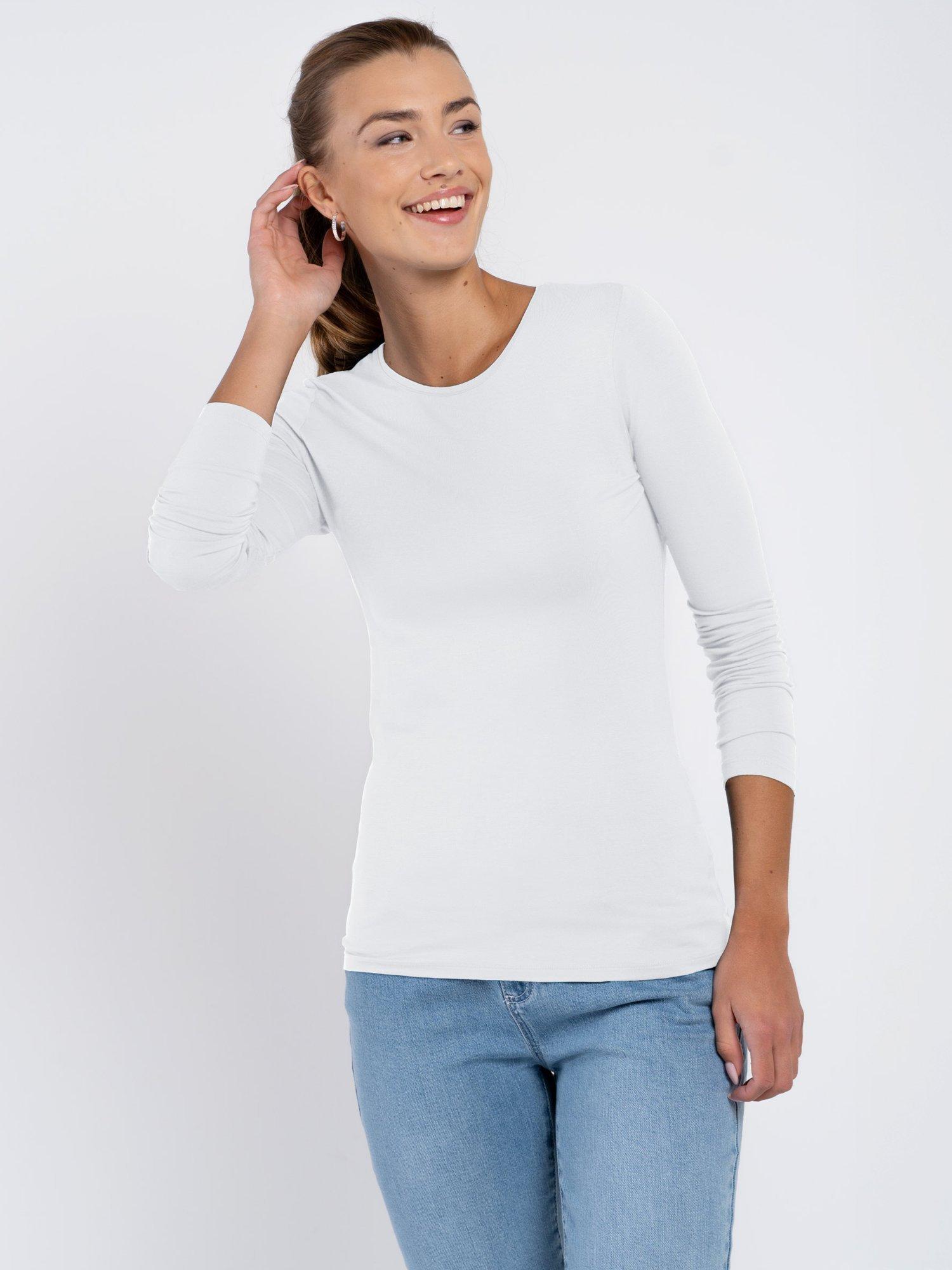 Product image 2 of 4, which shows Celtic & Co. Silky Crew Neck Long Sleeve Top, Chalk White, 8