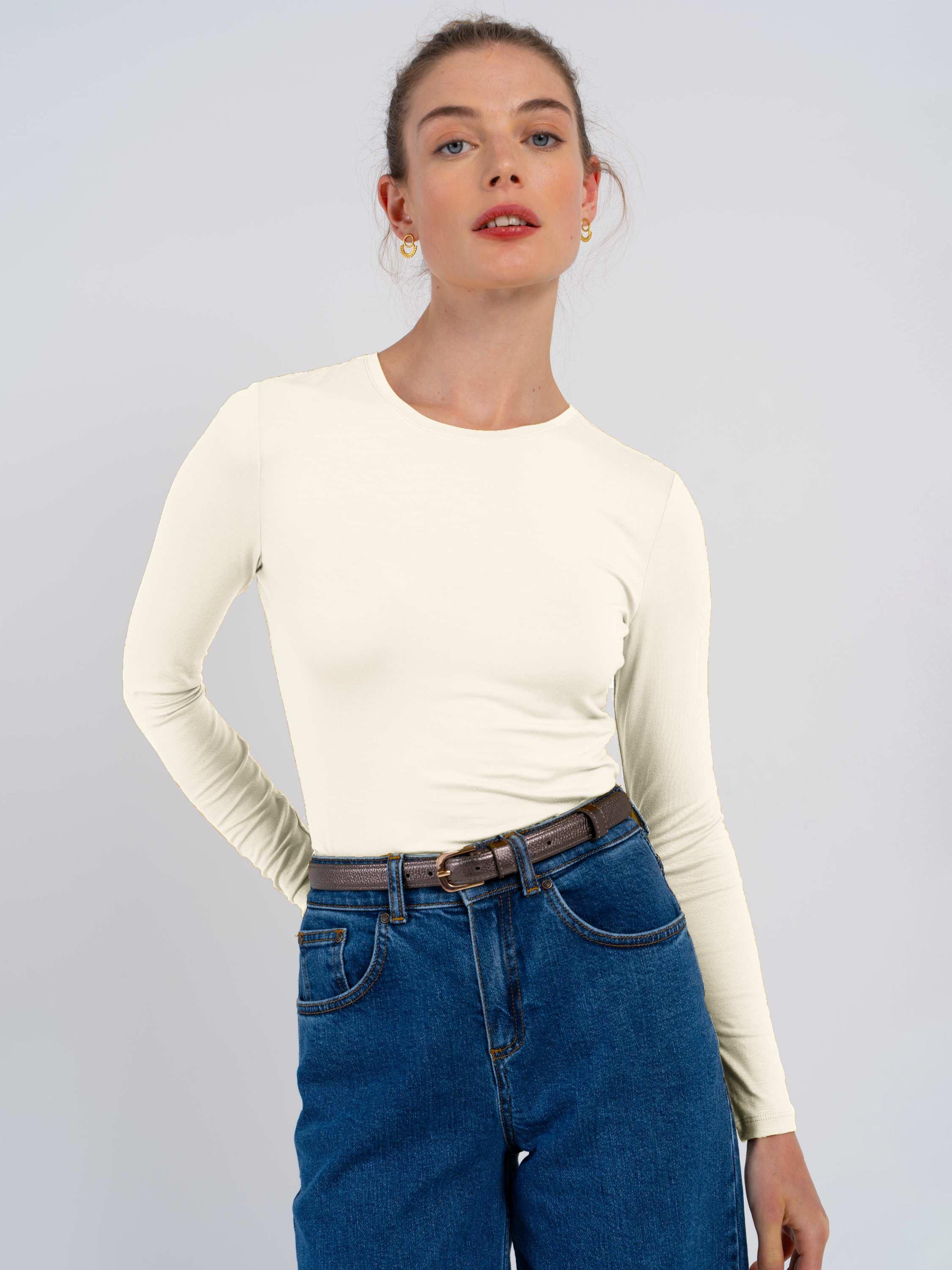 Product image 1 of 3, which shows Celtic & Co. Silky Crew Neck Long Sleeve Top, Ivory, 8