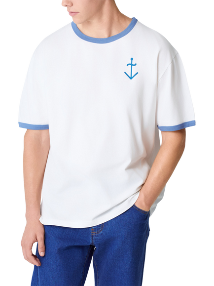 La Paz Cotton Regular Fit Short Sleeve Contrast Tipped T-Shirt, Off White/Indigo, Off White/Indigo