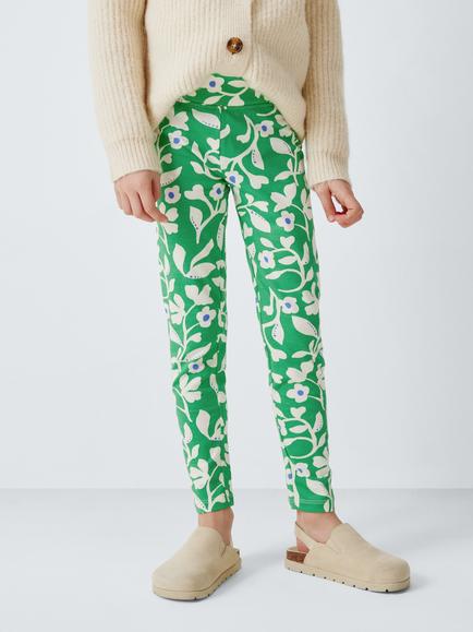 John Lewis Kids' Floral Jersey Leggings, White, Green, White, Green