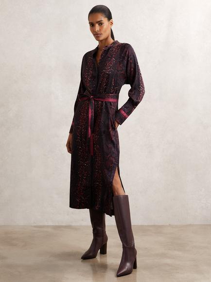 Reiss Daria Snake Print Shirt Dress, Burgundy/Black, Burgundy/Black
