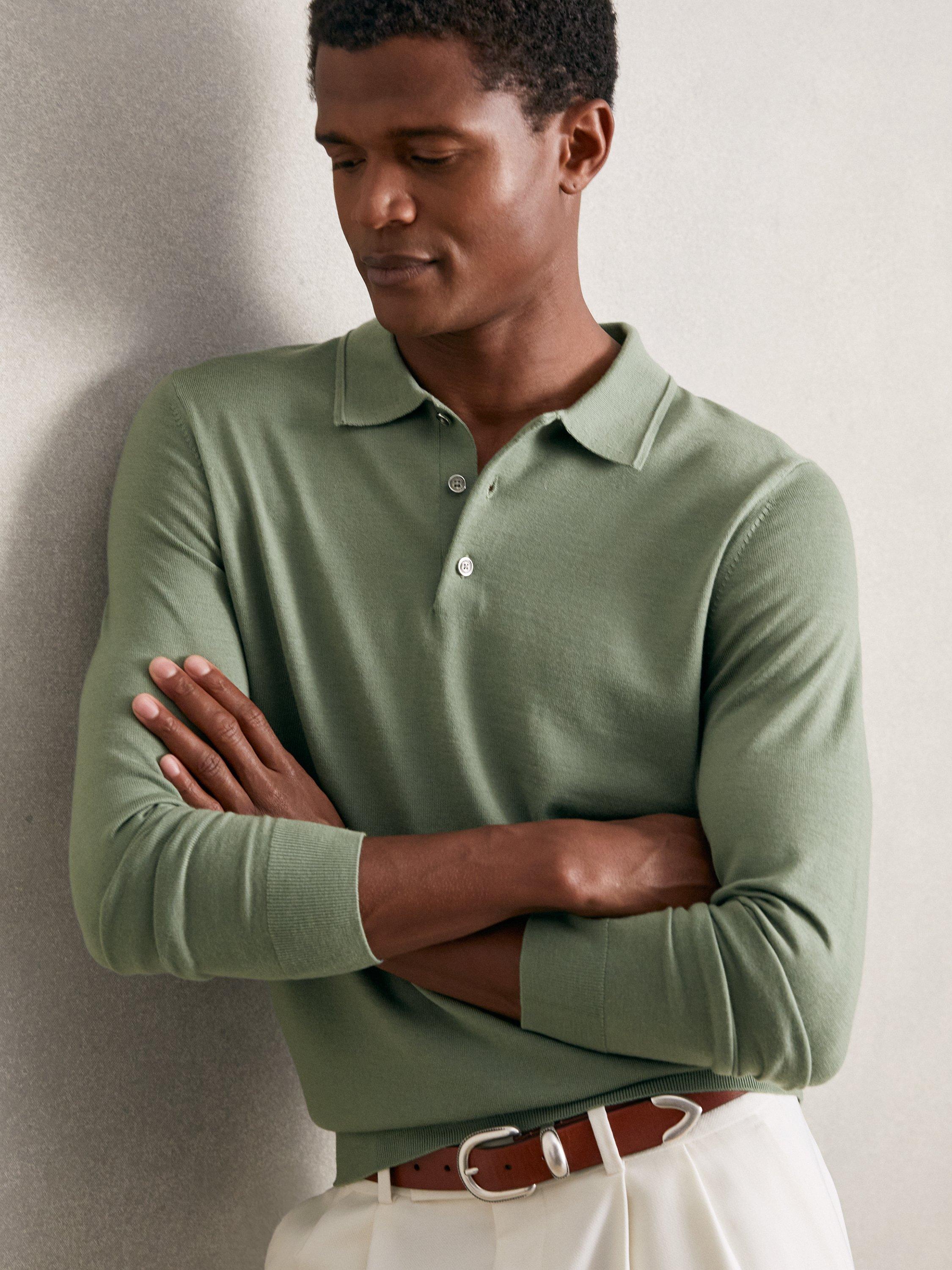Product image 1 of 5, which shows Reiss Trafford Wool Long Sleeve Polo Shirt, Harper Green, XS