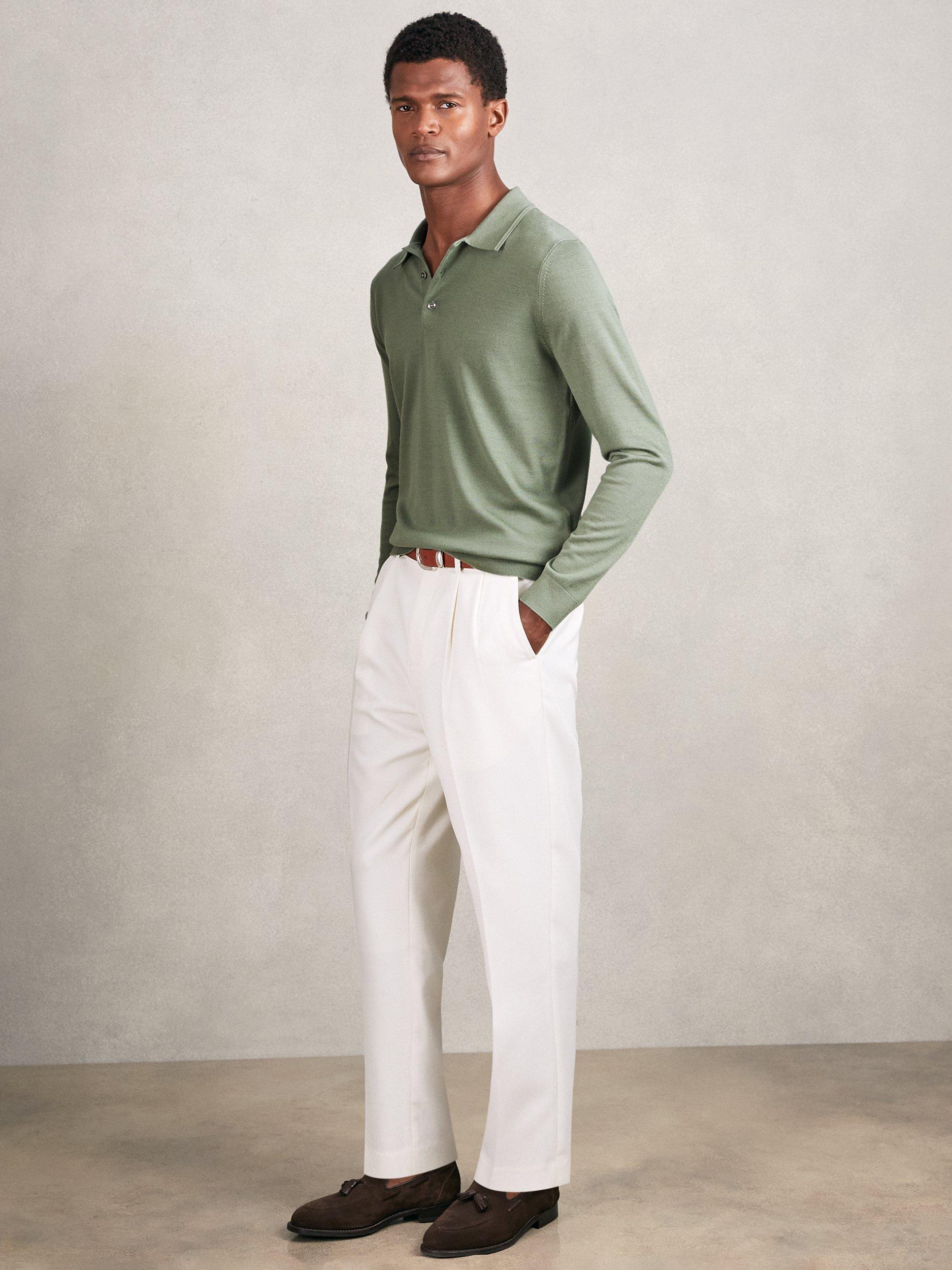 Product image 4 of 5, which shows Reiss Trafford Wool Long Sleeve Polo Shirt, Harper Green, XS