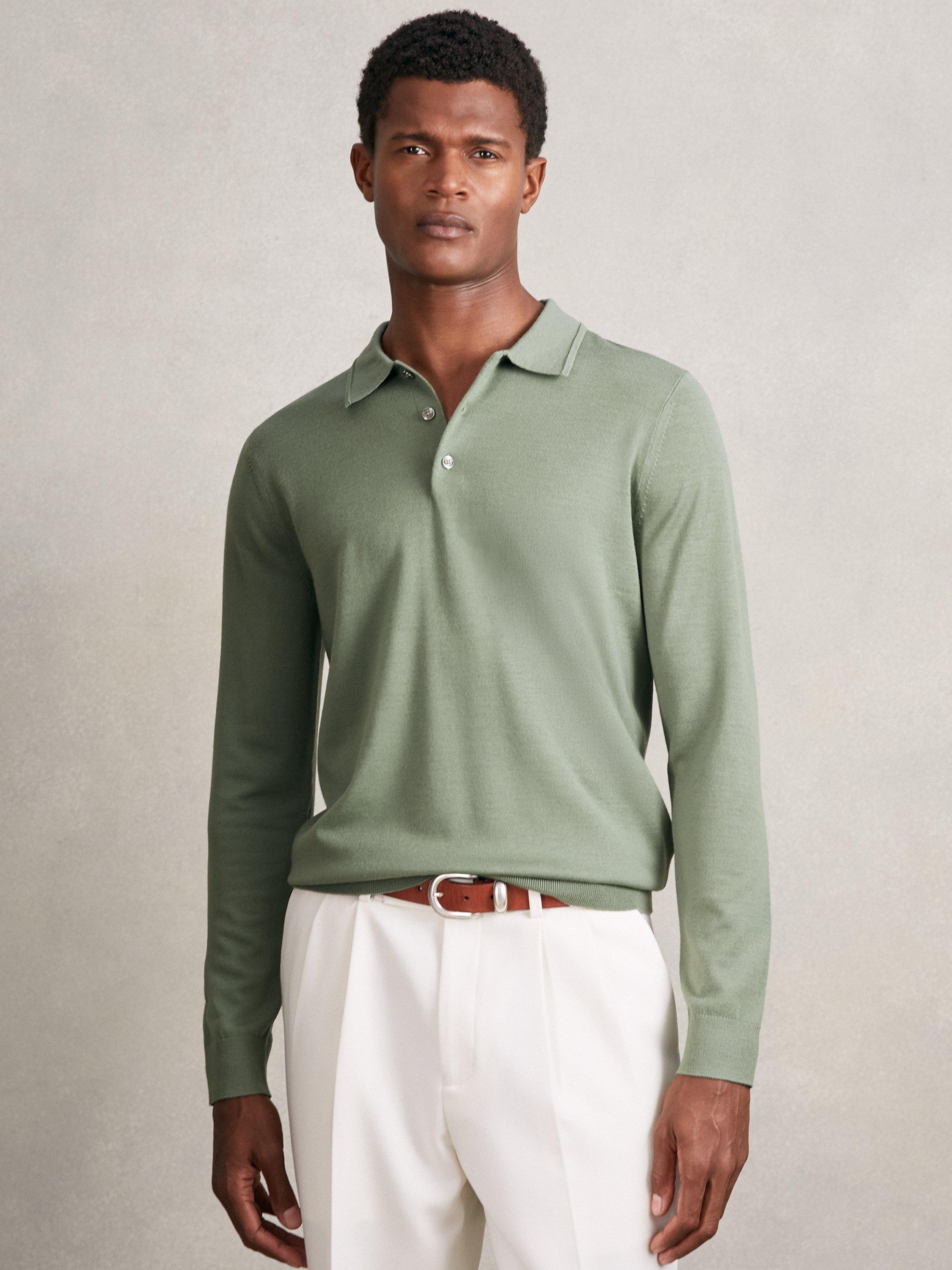 Product image 5 of 5, which shows Reiss Trafford Wool Long Sleeve Polo Shirt, Harper Green, XS