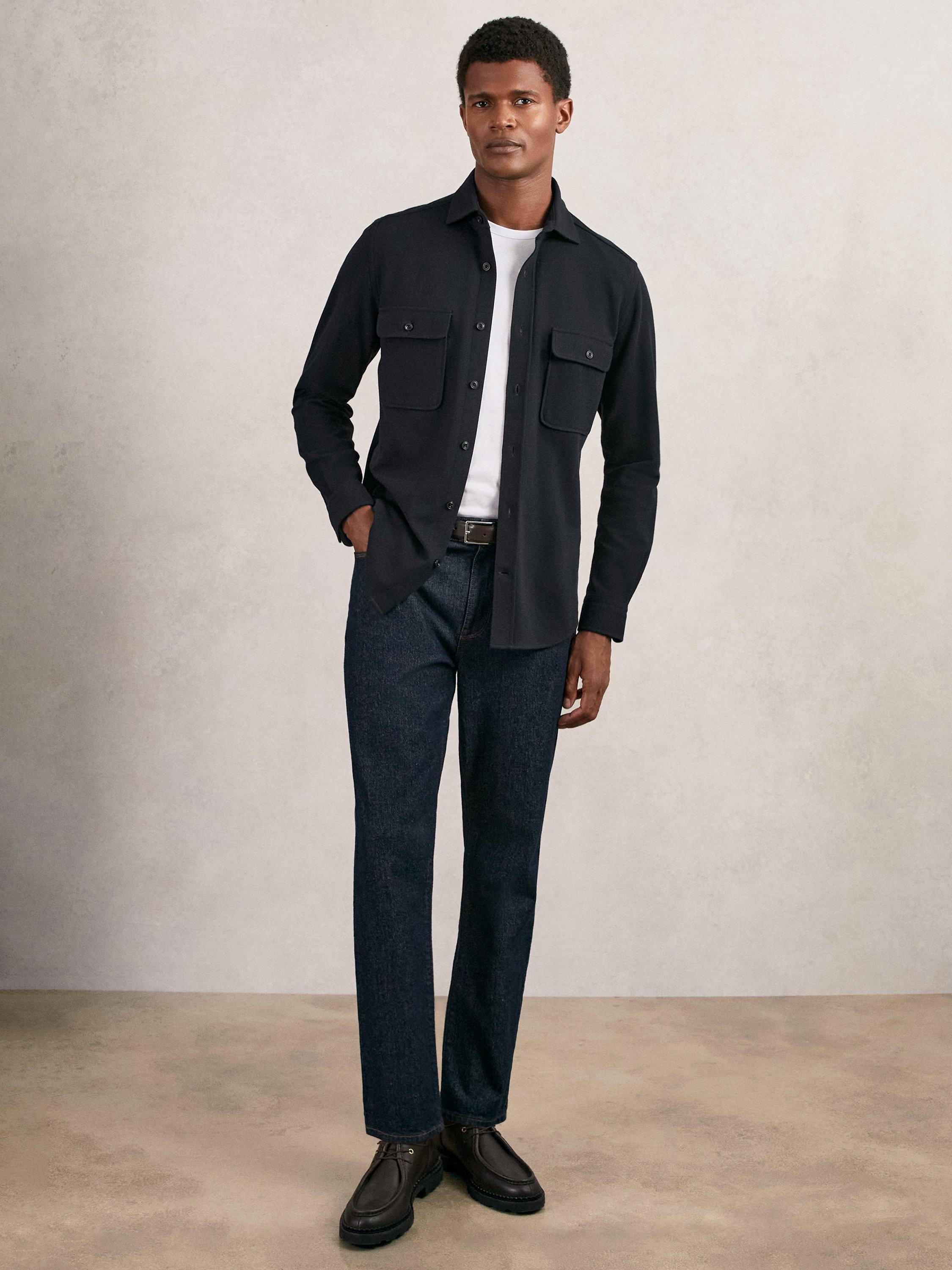 Product image 4 of 5, which shows Reiss Forsithe Cotton Blend Long Sleeve Collar Shirt, Navy, XS