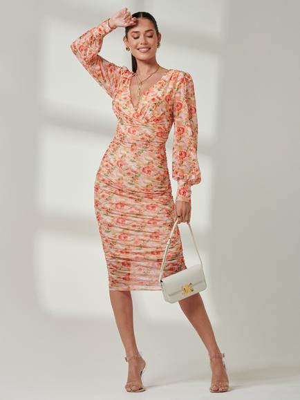 Jolie Moi Floral Long Sleeve Mesh Dress, Orange Multi