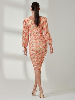 Jolie Moi Floral Long Sleeve Mesh Dress - view 2, Orange Multi