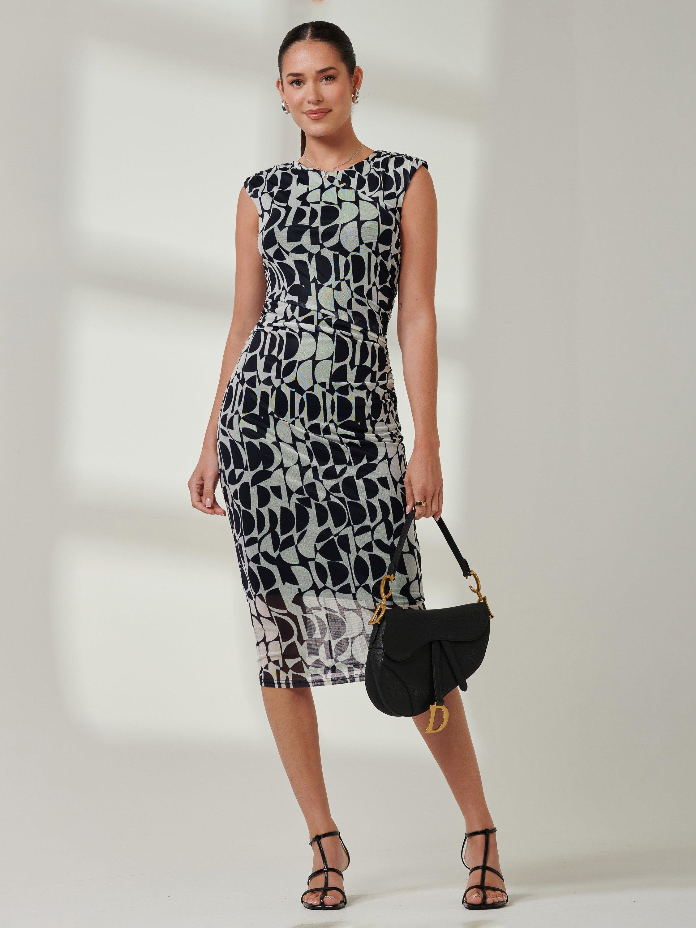 Product image 6 of 6, which shows Jolie Moi Geometric Bodycon Midi Dress, Navy Geo, 8