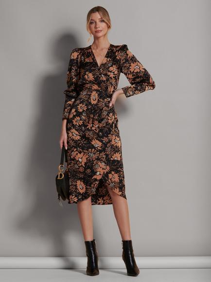 Jolie Moi Abstract Floral Bodycon Midi Dress, Brown Floral, Brown Floral